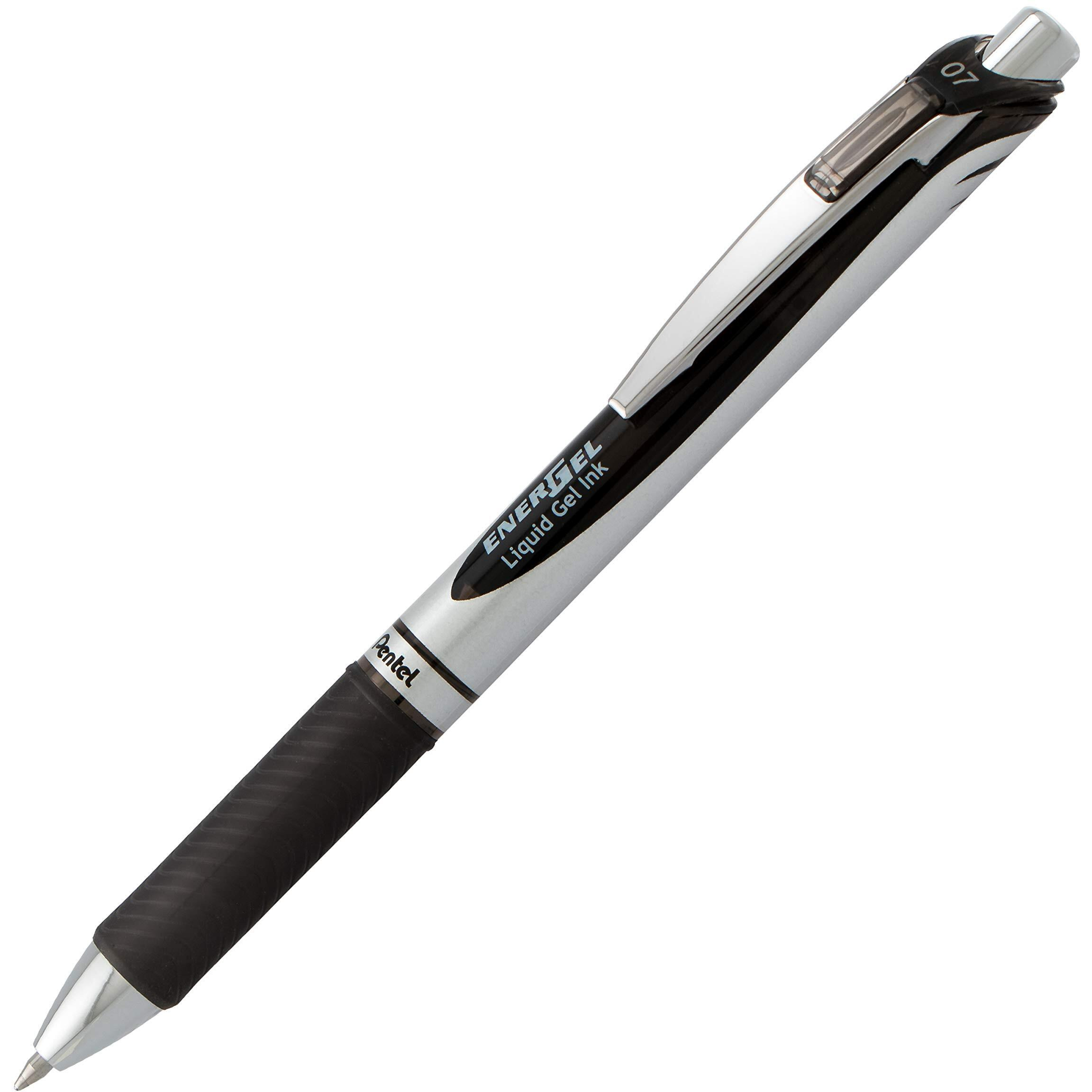 Pentel EnerGel RTX Liquid Gel Pens - Medium Pen Point - 0.7 mm Pen Point Size - Refillable - Retractable - Black Gel-based Ink - Silver Barrel - Metal Tip - 1 Dozen