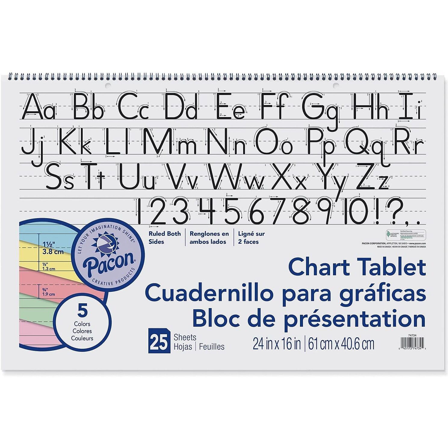 Pacon Bond Paper 2-Hole Punched Colored Paper Manuscript Cover Spiralbound Chart Tablet, 16" x 24", 25 Sheets, 1-1/2 in Ruling, 1/2 in Skip Line, Assorted Colors