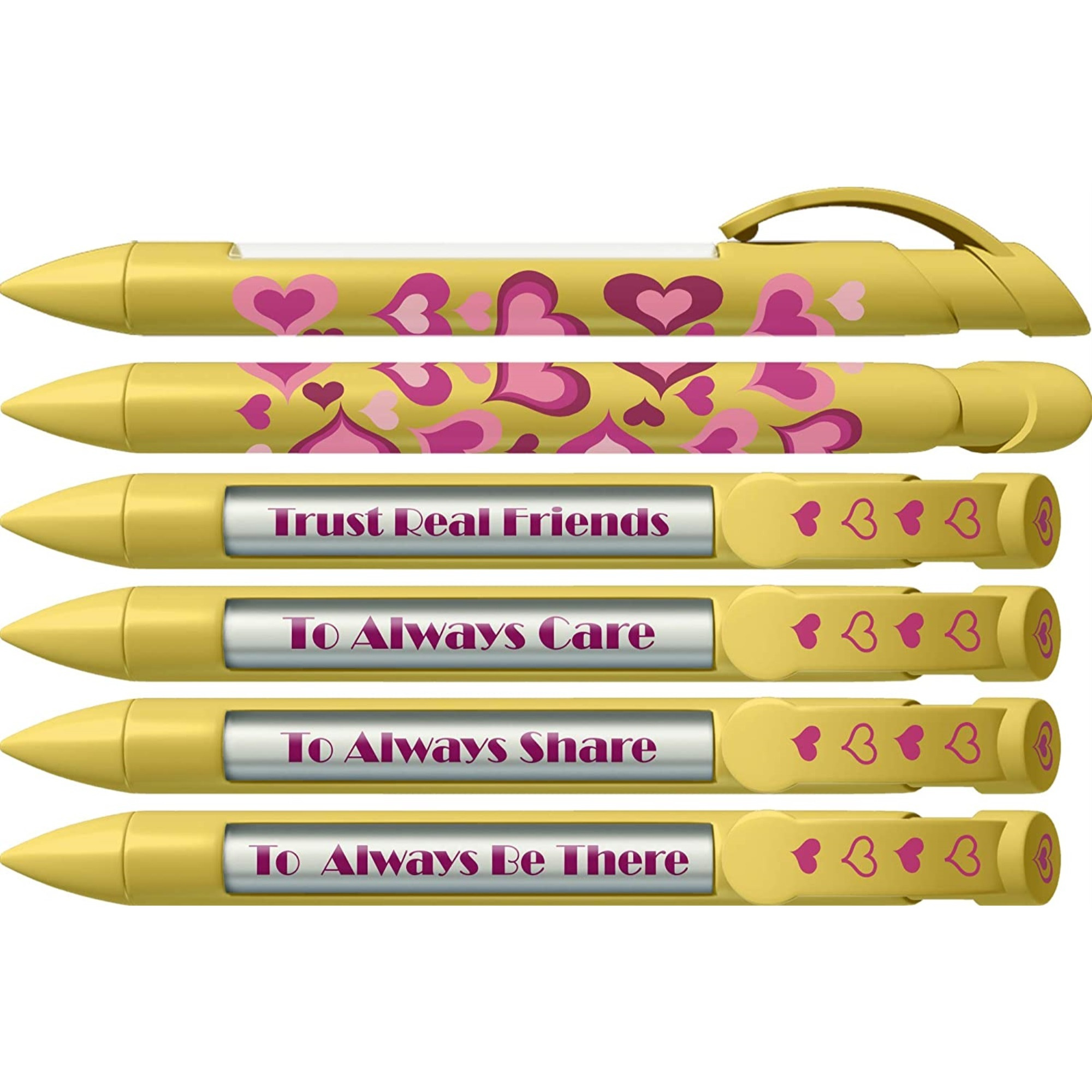 Greeting Pen Friend Pen- Yellow Hearts Rotating Message 6 Pen Set 36510
