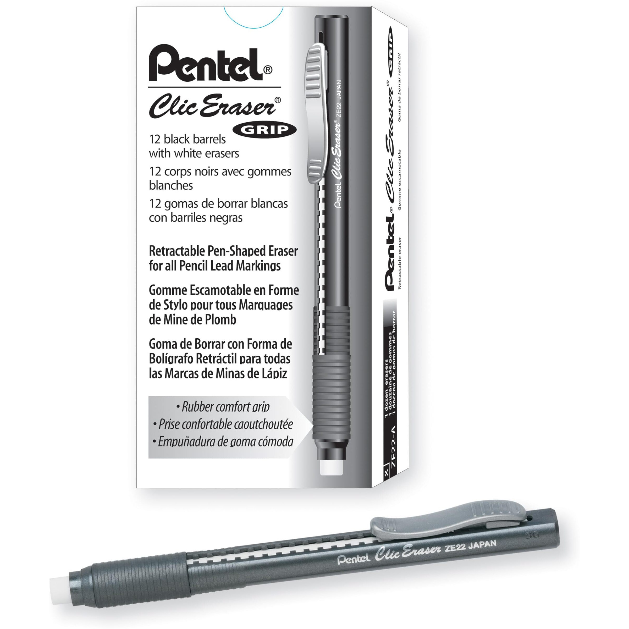 Pentel Rubber Grip Clic Eraser - Black - Black - Pen - Refillable - 12 / Box - Retractable, Latex-free Grip, Ghost Resistant, Pocket Clip