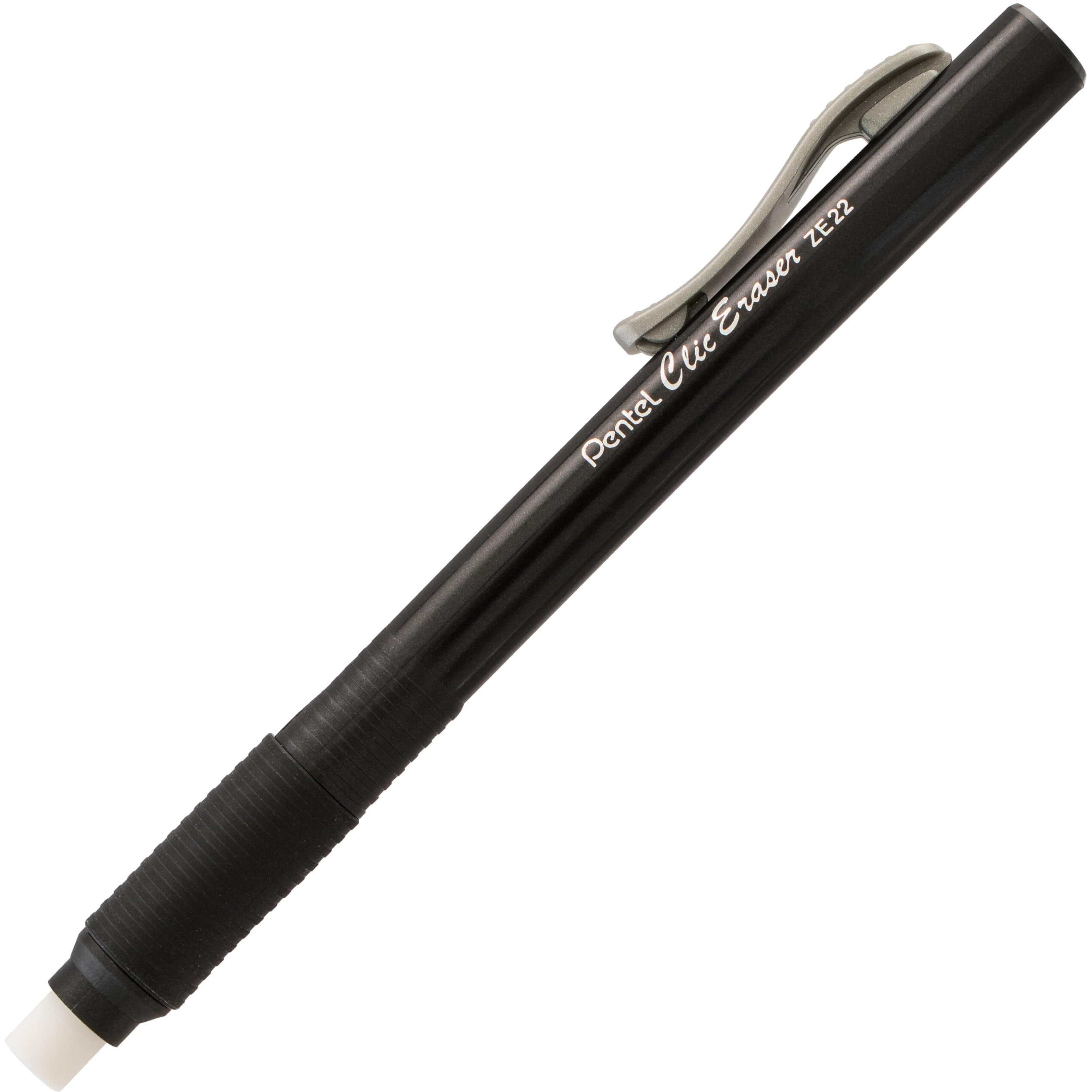 Pentel Rubber Grip Clic Eraser - Black - Black - Pen - Refillable - 12 / Box - Retractable, Latex-free Grip, Ghost Resistant, Pocket Clip