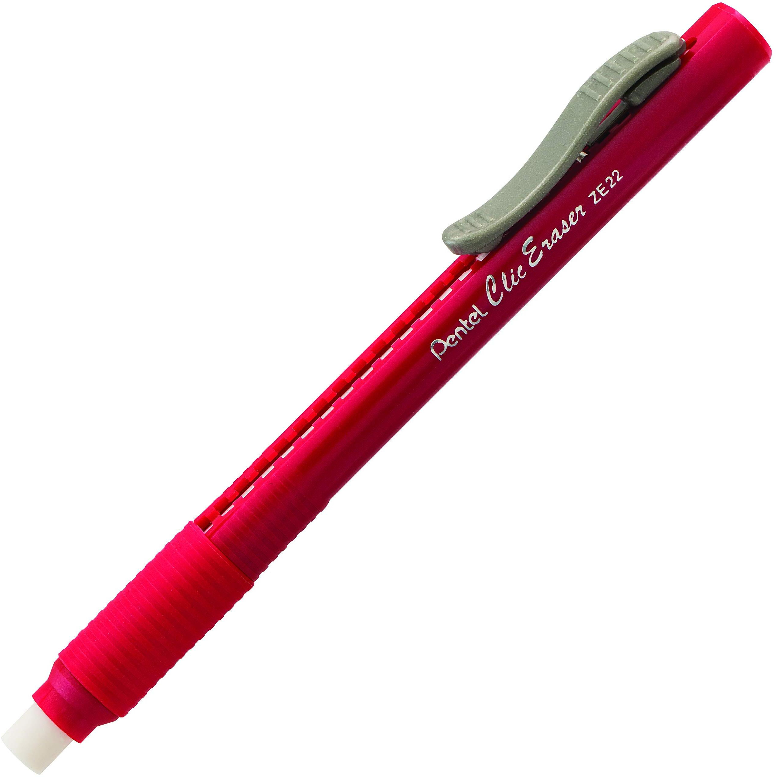 Pentel Rubber Grip Clic Eraser - Red - Pen - Refillable - 12 / Box - Retractable, Latex-free Grip, Pocket Clip, Ghost Resistant, Non-abrasive