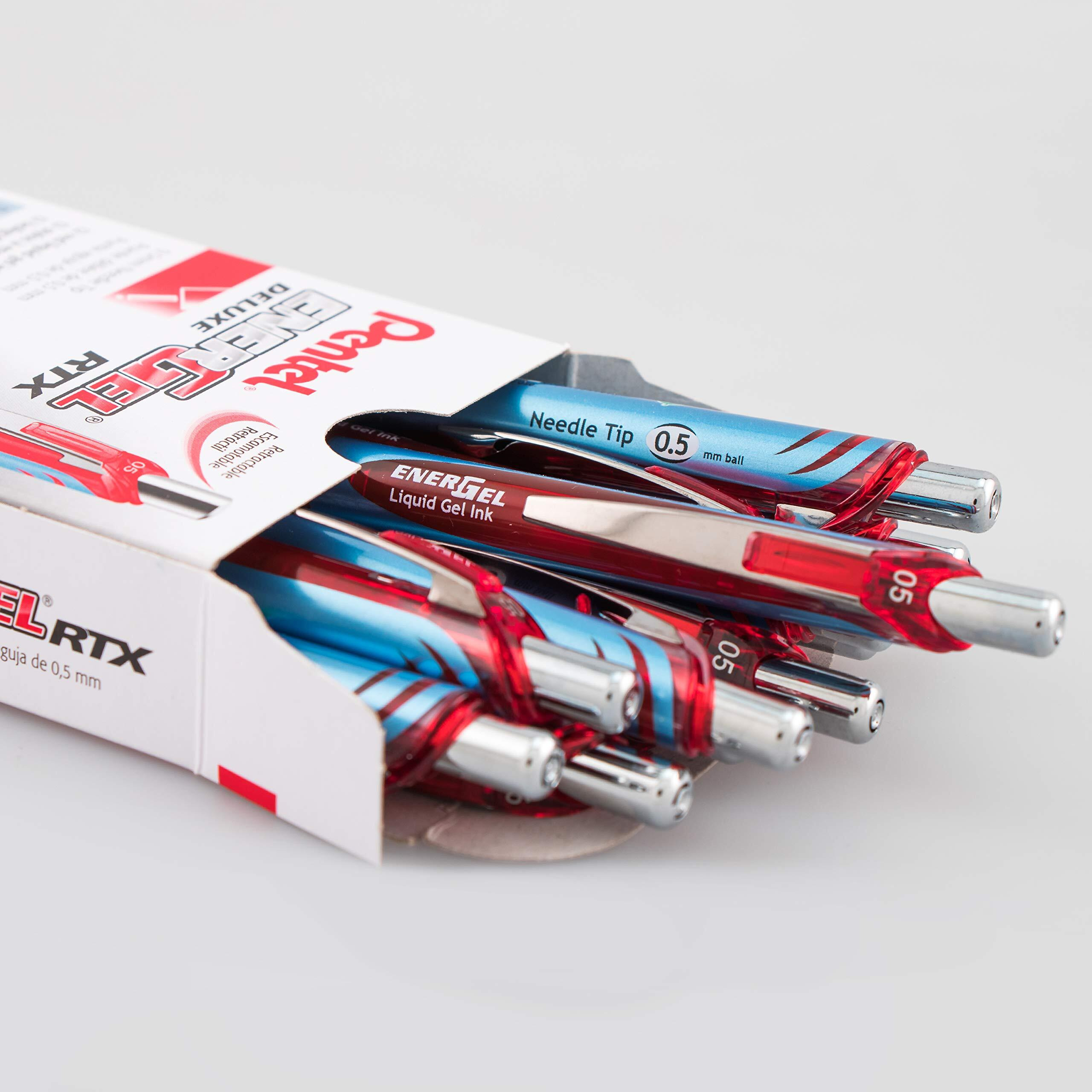 Pentel EnerGel RTX Liquid Gel Pens - Fine Pen Point - 0.5 mm Pen Point Size - Needle Pen Point Style - Refillable - Retractable - Red Gel-based Ink - Blue Barrel - Stainless Steel Tip - 12 / Box
