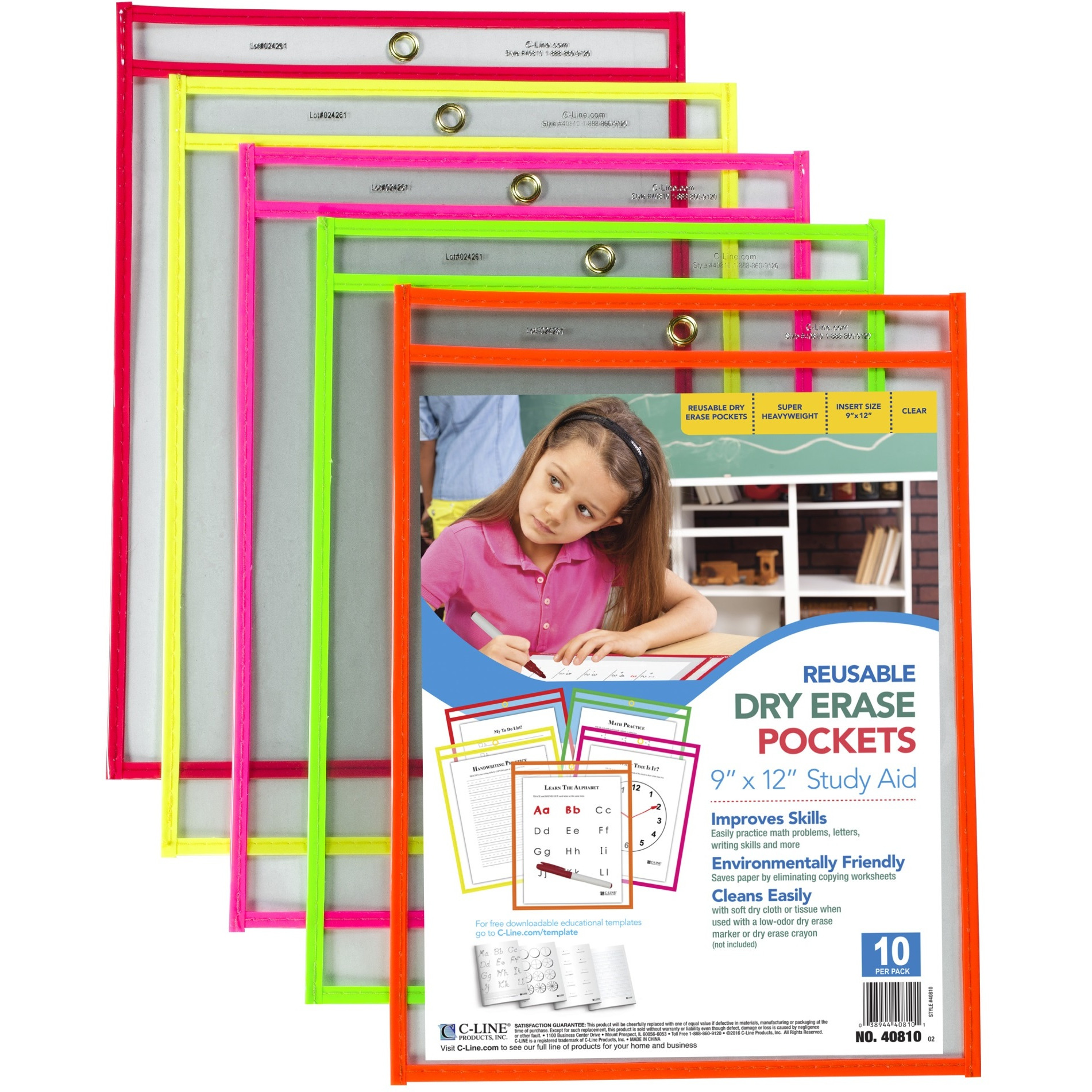 Reusable Dry Erase Pockets, Assorted, 9 x 12, 10/PK, 40810