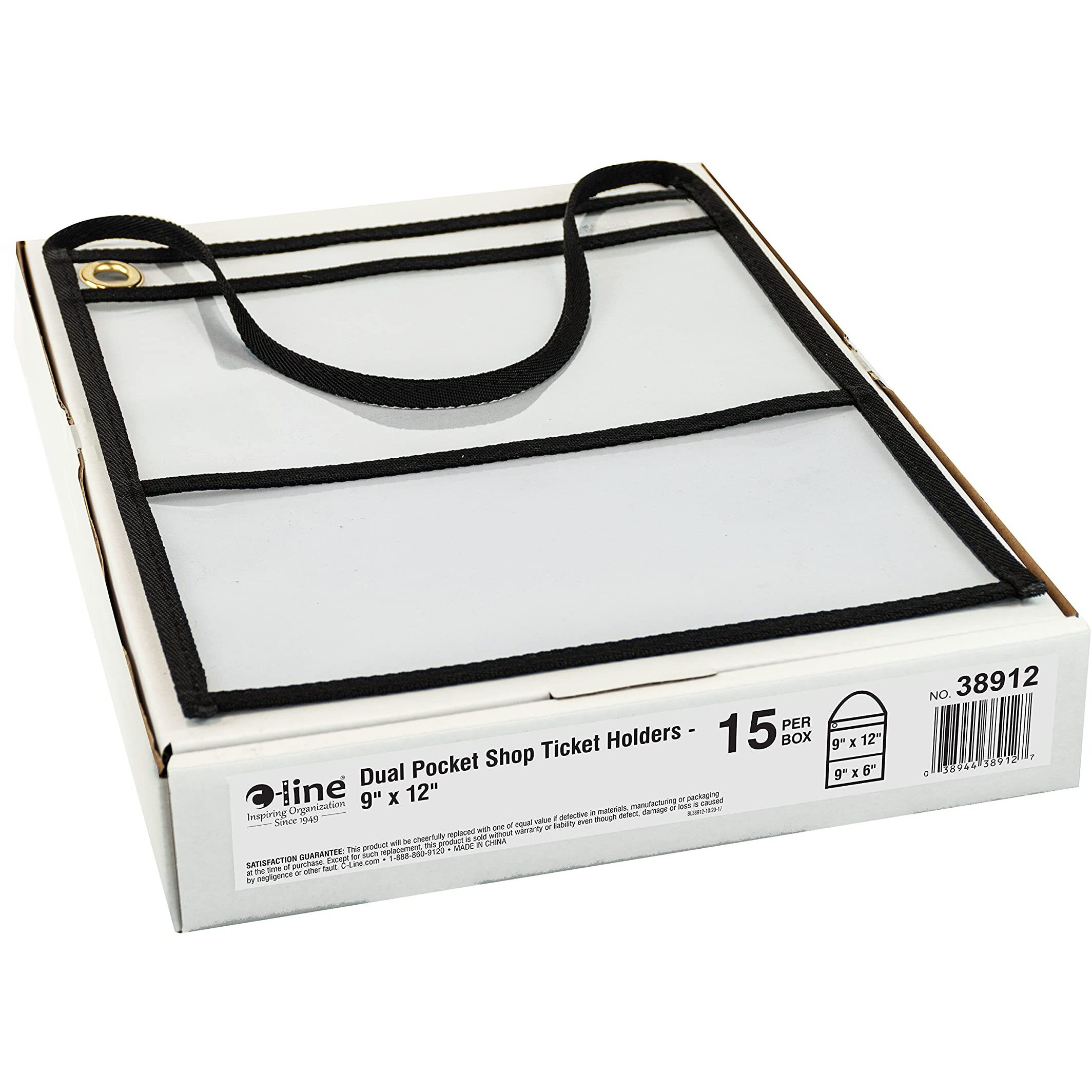 Two Pocket Shop Ticket Holder w/ hanging Strap, Stitched, both sides clear, 9 x 12, 15/BX, 38912