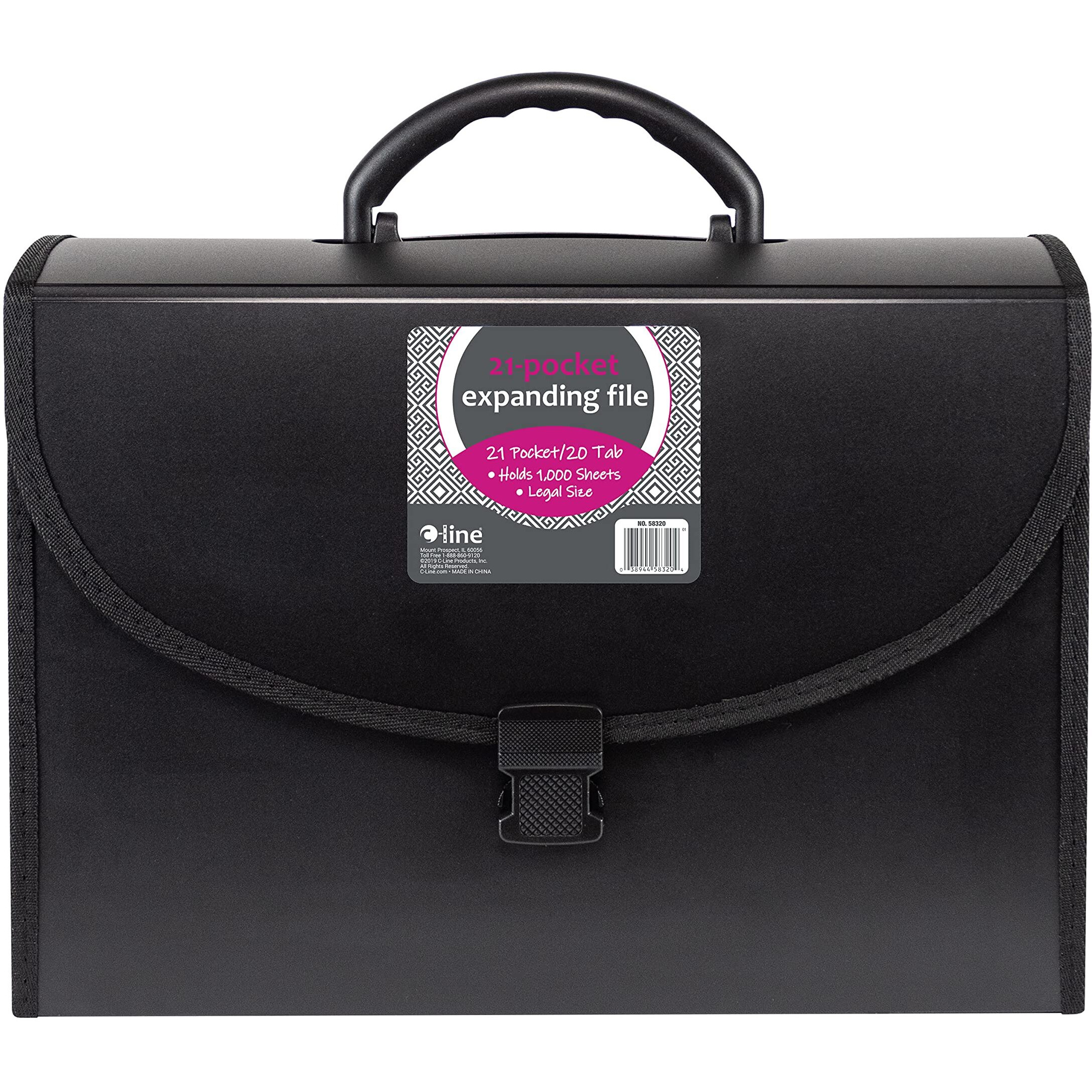21-Pocket Legal Size Expanding File with Handle, Black, 1/EA, 58320