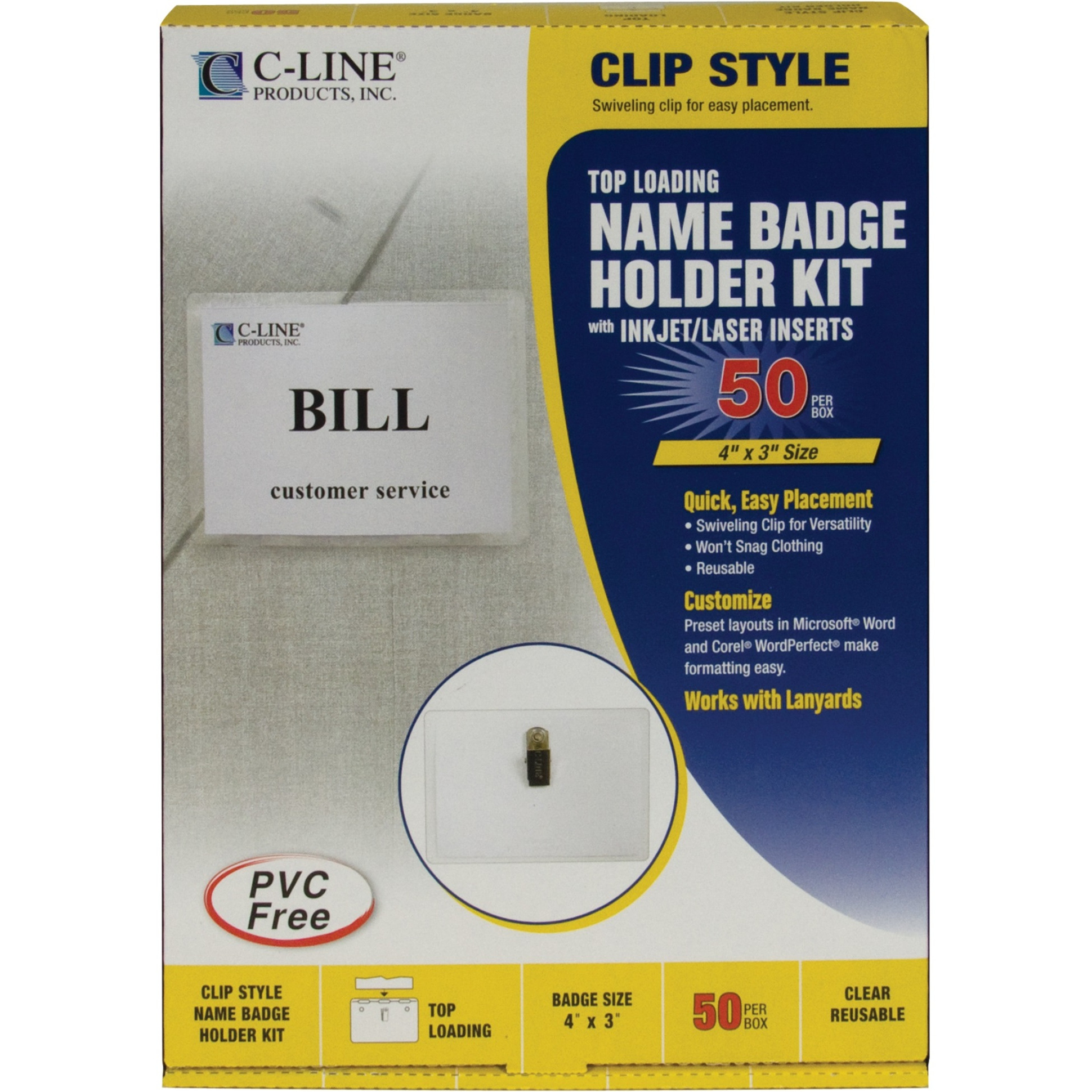 Clip Style Badge Holders, Sealed with inserts, 4 x 3, 50/BX, 95543