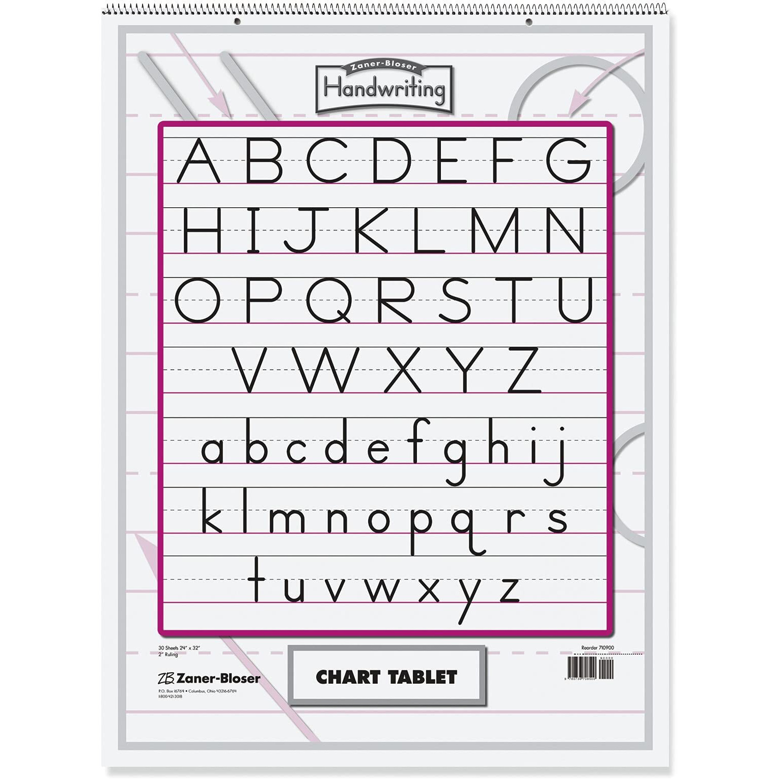 Zaner-Bloser 2-Hole Punched Manuscript Cover Spiralbound Chart Tablet, 24" x 32", 30 Sheets, 2 in Ruling, Blue/Red Base
