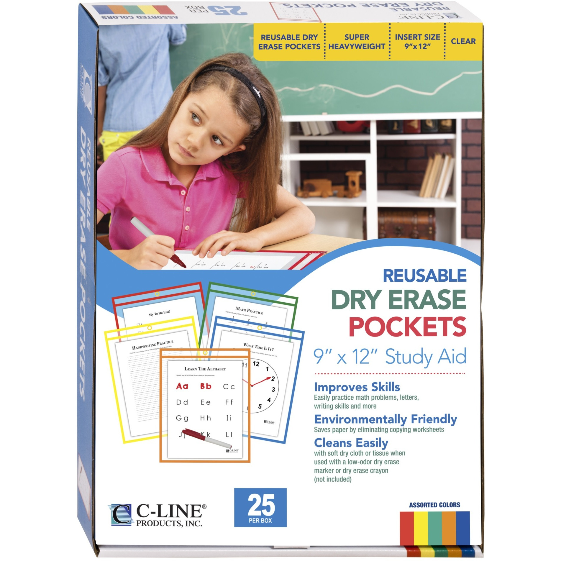Reusable Dry Erase Pockets, Assorted Primary Colors, 9 x 12, 25/BX, 40620