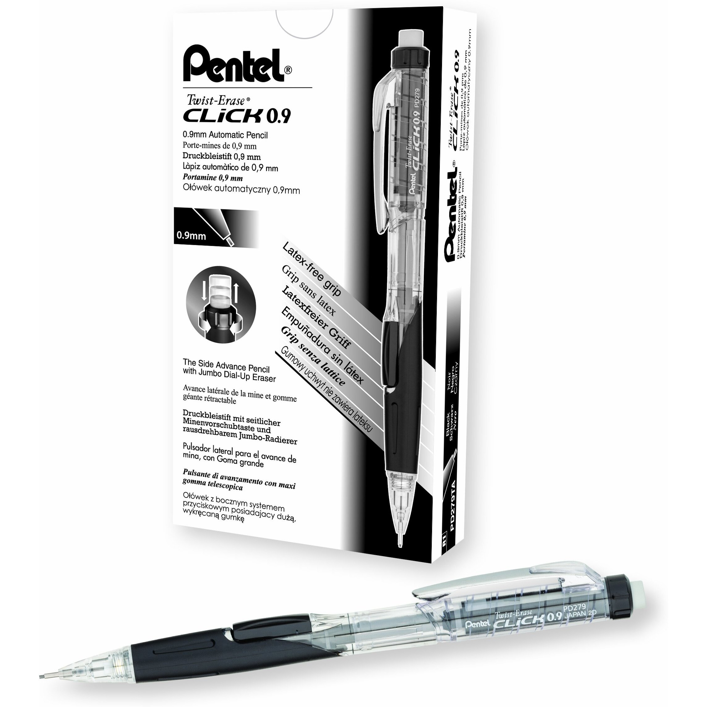 Pentel Twist-Erase Click Mechanical Pencils - 2, HB Lead - 0.9 mm Lead Diameter - Refillable - Black Lead - Transparent, Black Barrel - 12 / Box