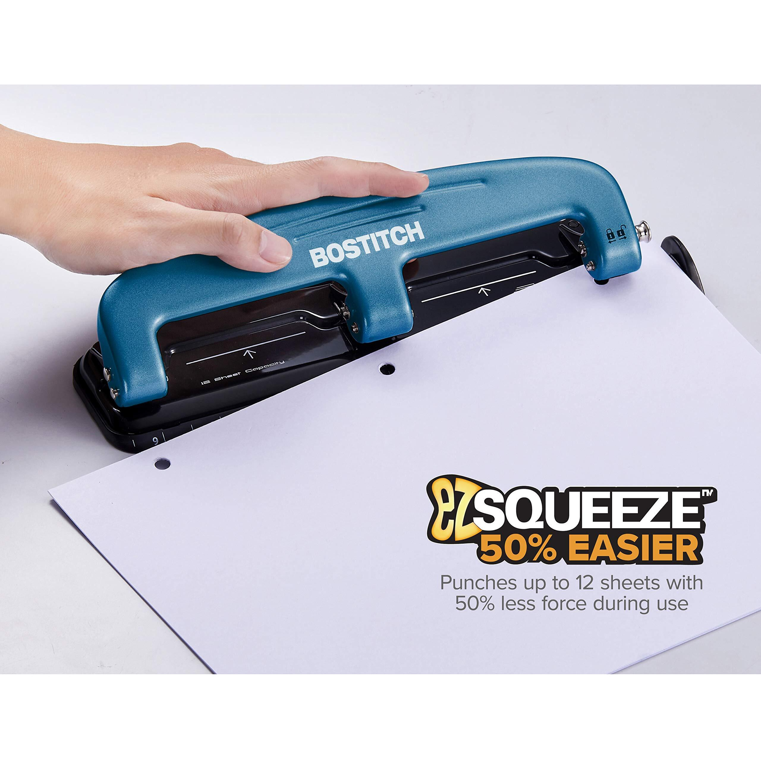 Bostitch EZ Squeeze&trade 12 Three-Hole Punch - 3 Punch Head(s) - 12 Sheet - 9/32" Punch Size - Round Shape - 3" x 1.6" - Blue, Black