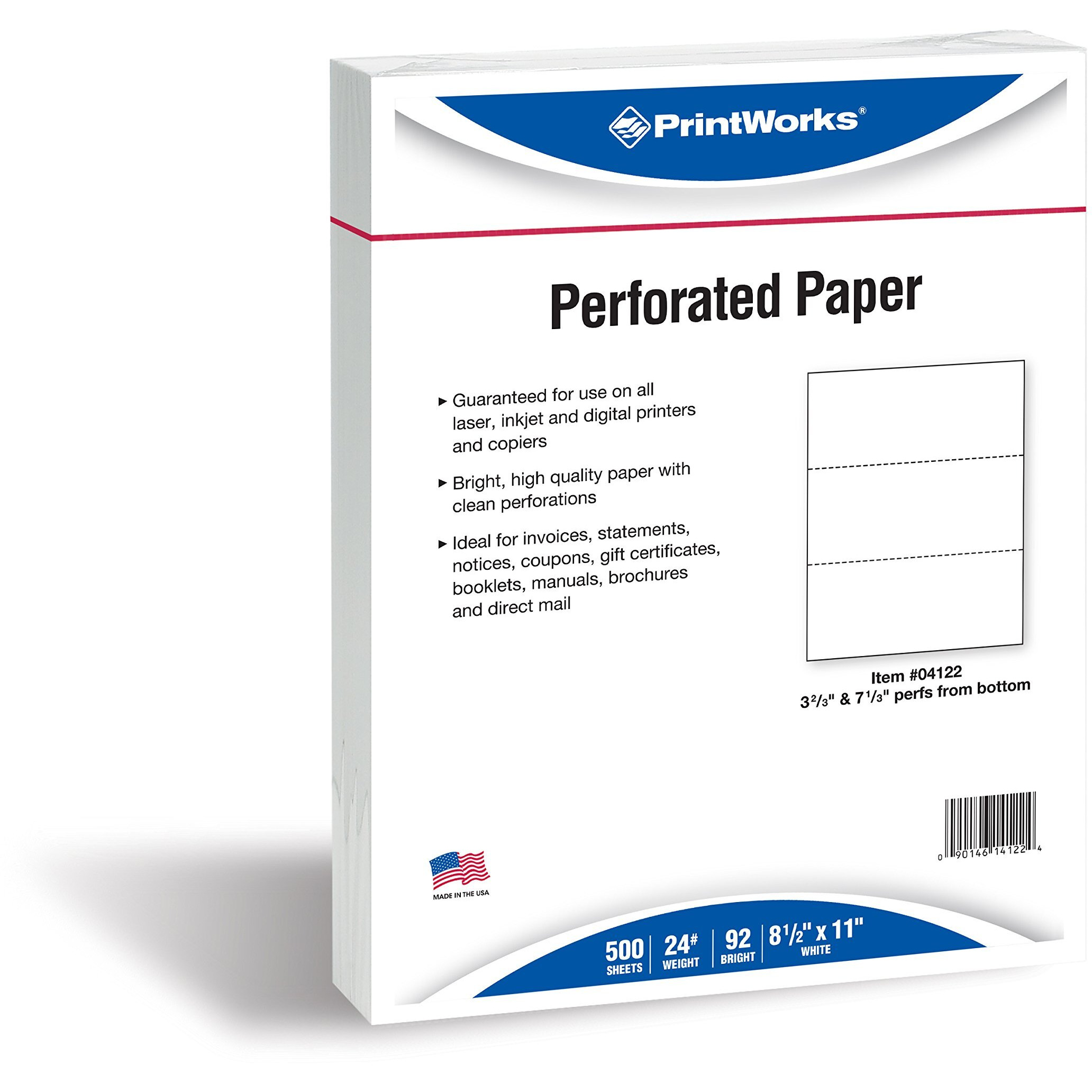 PrintWorks Professional Pre-Perforated Paper for Invoices, Statements, Gift Certificates & More - Letter - 8 1/2" x 11" - 24 lb Basis Weight - 500 / Ream - Perforated