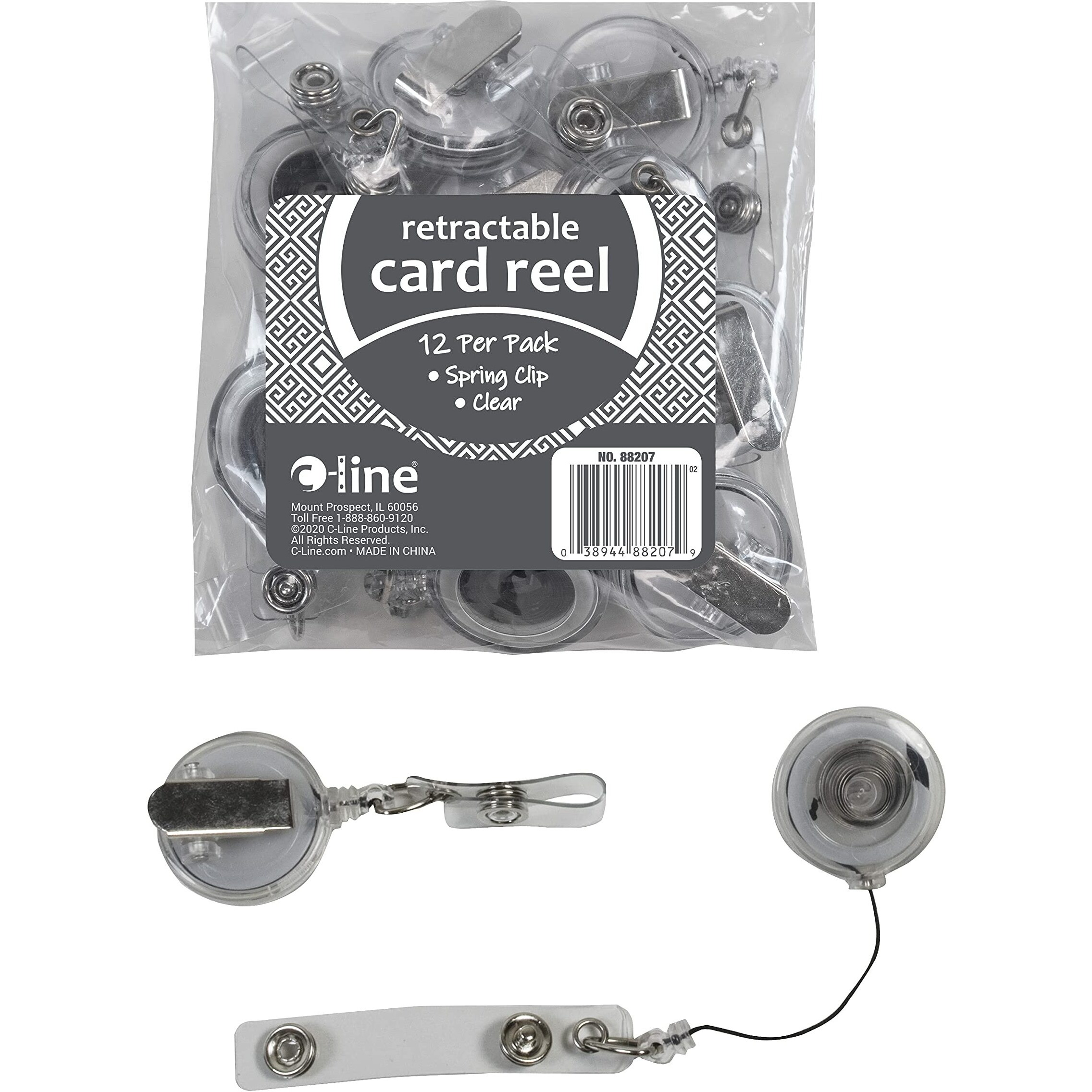 Clip-On Retractable ID Badge Reel, Clear, 12/PK, 88207