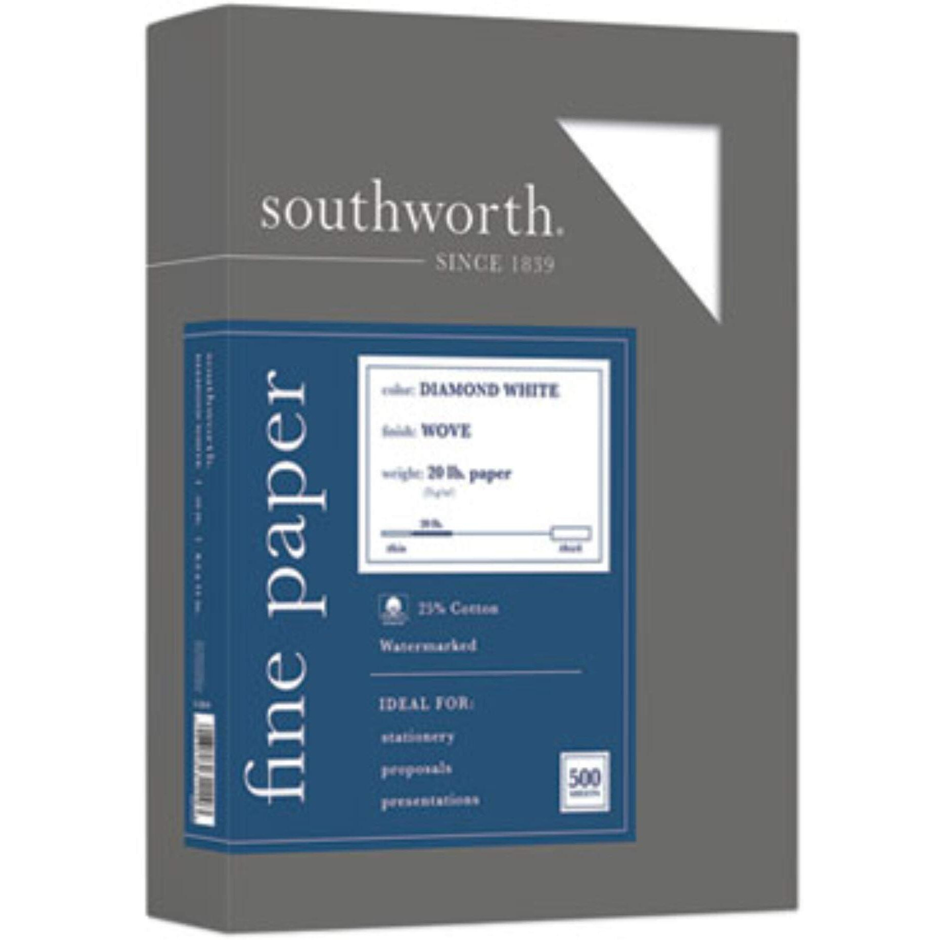 Southworth Diamond White Business Paper - Letter - 8 1/2" x 11" - 20 lb Basis Weight - Wove - 500 / Box - Acid-free, Watermarked