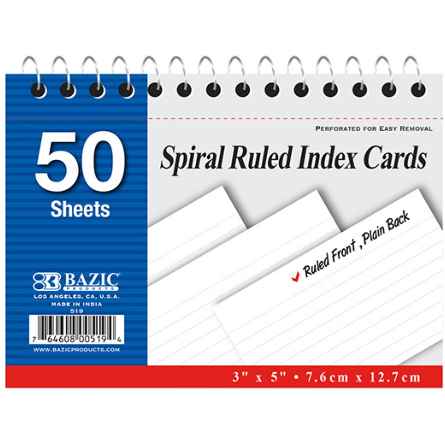 BAZIC 50 Ct. Spiral Bound 3" X 5" Ruled White Index Card