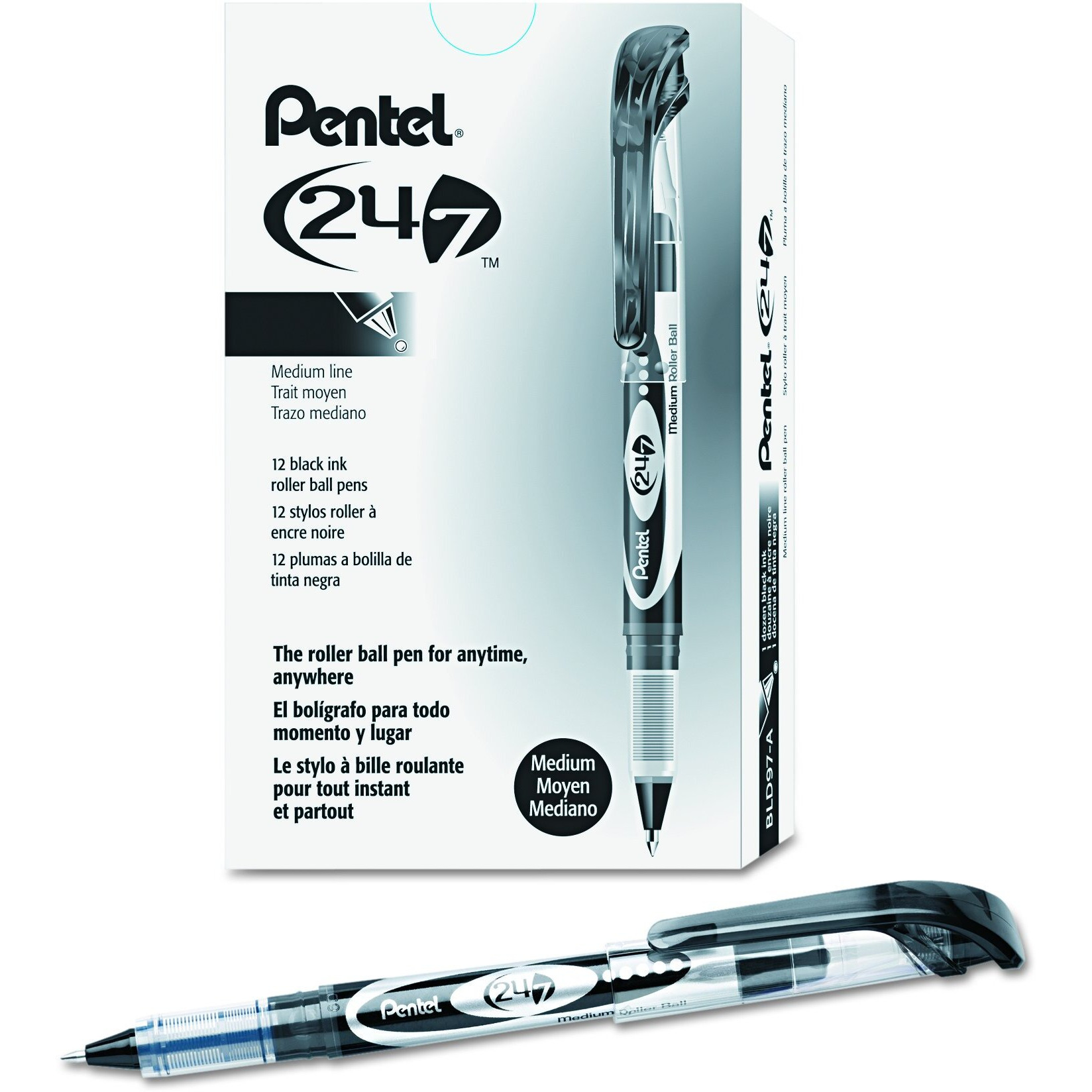 Pentel 24/7 Rollerball Pens - Medium Pen Point - 0.7 mm Pen Point Size - Black Water Based Ink - Black Barrel - Metal Tip - 1 Dozen