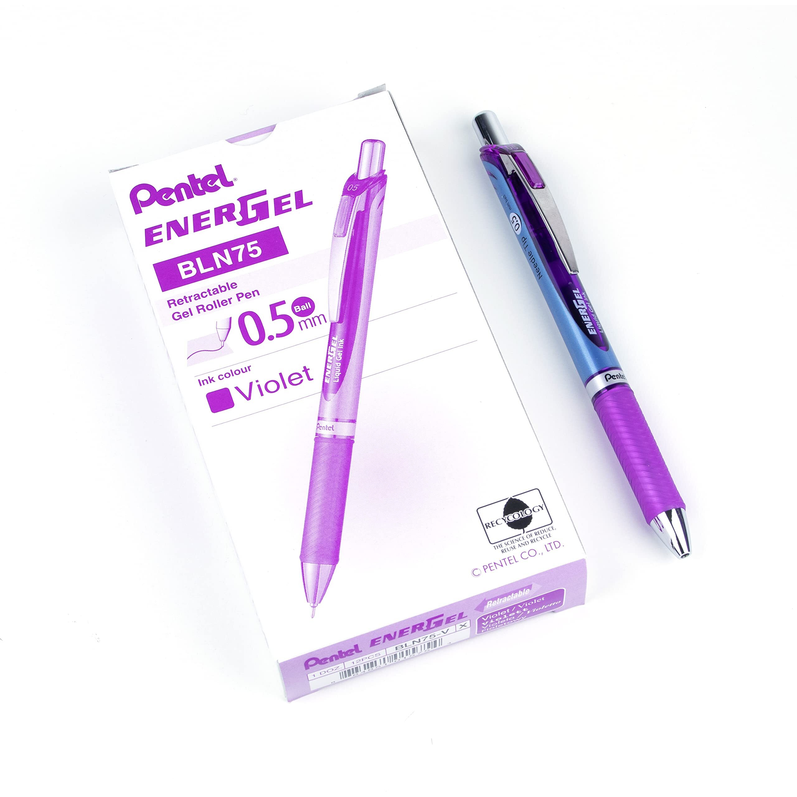Pentel EnerGel RTX Liquid Gel Pens - Fine Pen Point - 0.5 mm Pen Point Size - Needle Pen Point Style - Refillable - Retractable - Violet Gel-based Ink - Blue Stainless Steel Barrel - Metal Tip - 1 Doz