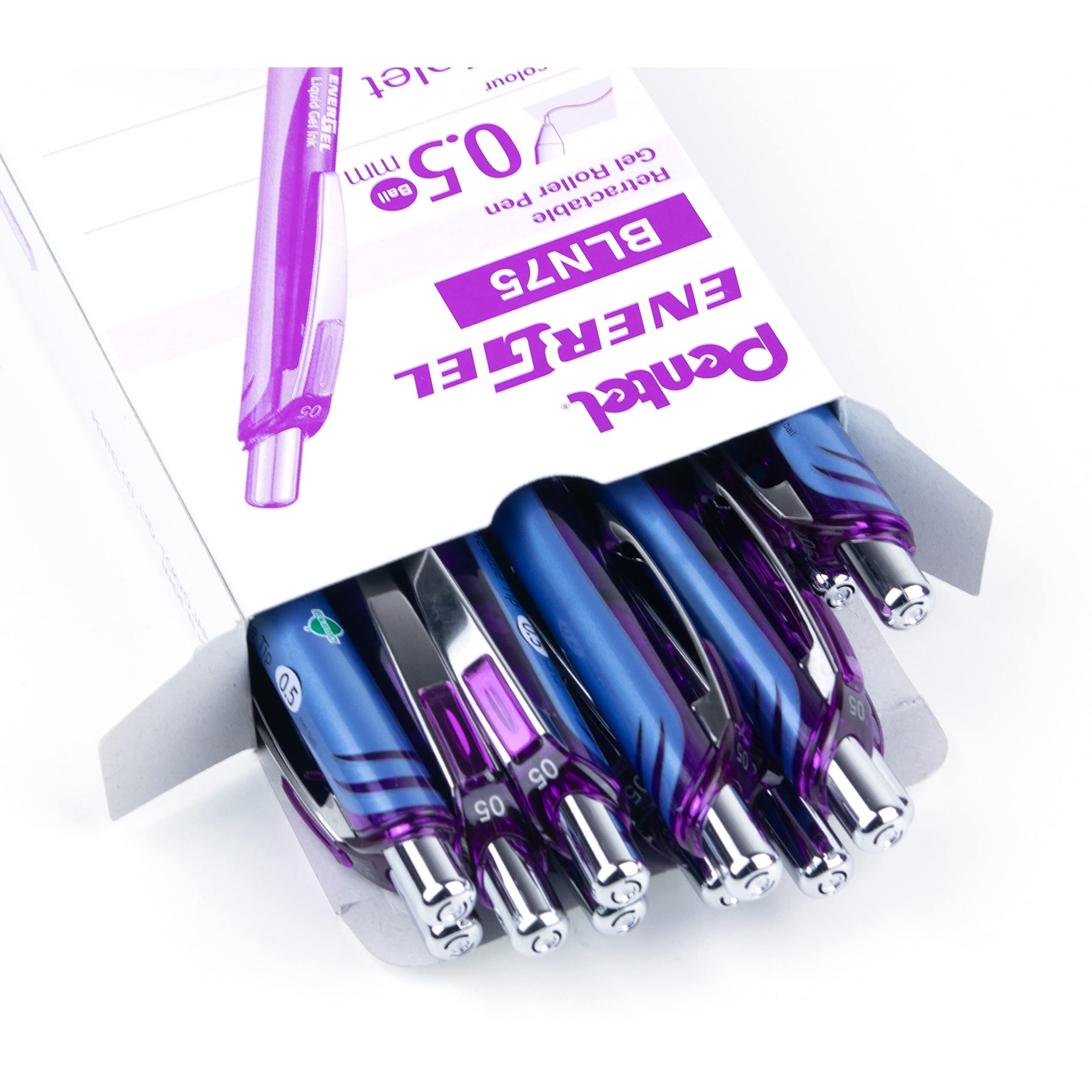 Pentel EnerGel RTX Liquid Gel Pens - Fine Pen Point - 0.5 mm Pen Point Size - Needle Pen Point Style - Refillable - Retractable - Violet Gel-based Ink - Blue Stainless Steel Barrel - Metal Tip - 1 Doz
