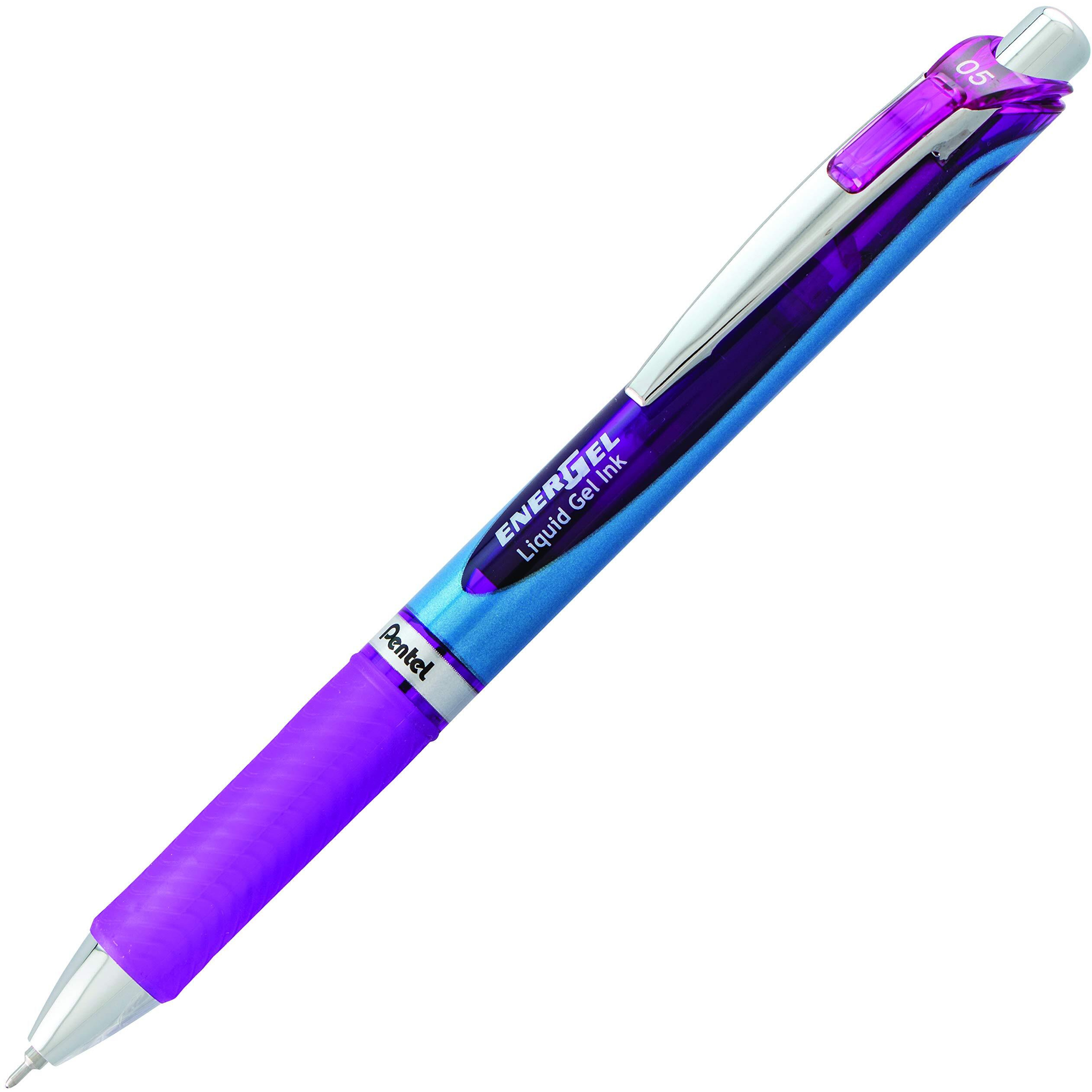 Pentel EnerGel RTX Liquid Gel Pens - Fine Pen Point - 0.5 mm Pen Point Size - Needle Pen Point Style - Refillable - Retractable - Violet Gel-based Ink - Blue Stainless Steel Barrel - Metal Tip - 1 Doz