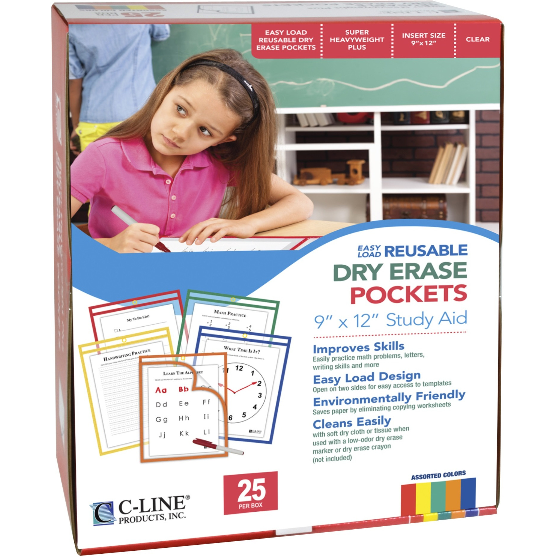 Super Heavyweight Plus Dry Erase Pockets, Assorted Primary Colors, 9 x 12, 25/BX, 42620