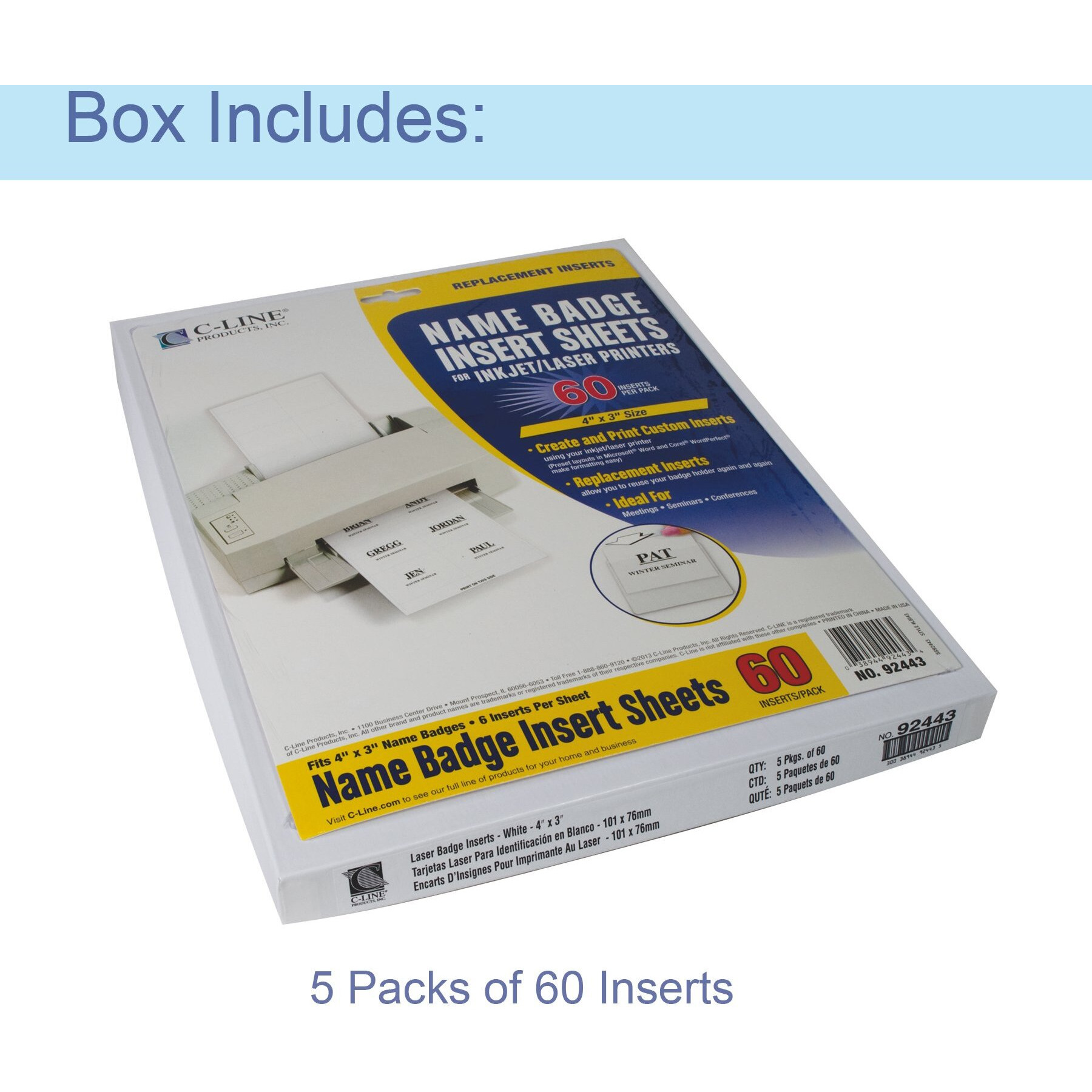 Laser Printer Name Badge Inserts, 6/Sheet, 4 x 3, 60/PK (Set of 5 PK)