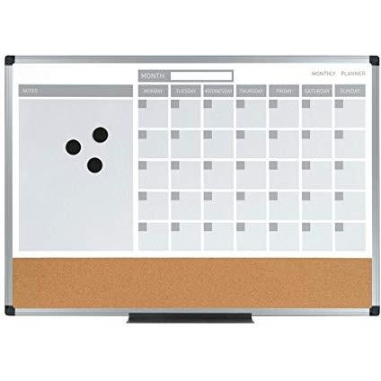 3-in-1 Dry-Erase Calendar Planner Board, 24" X 36", Silver Frame