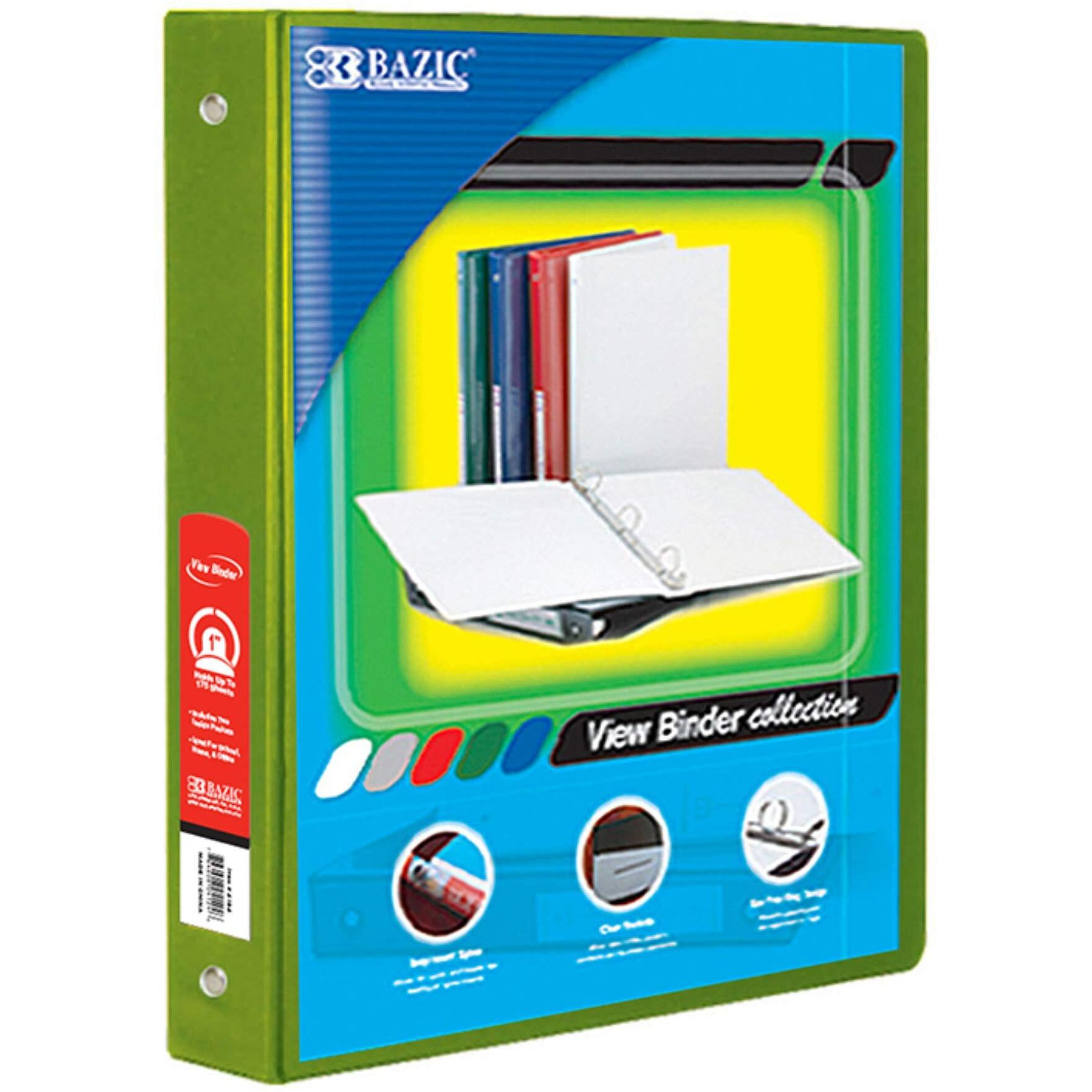 BAZIC 1" Lime Green 3-Ring View Binder w/ 2-Pockets Case of 12