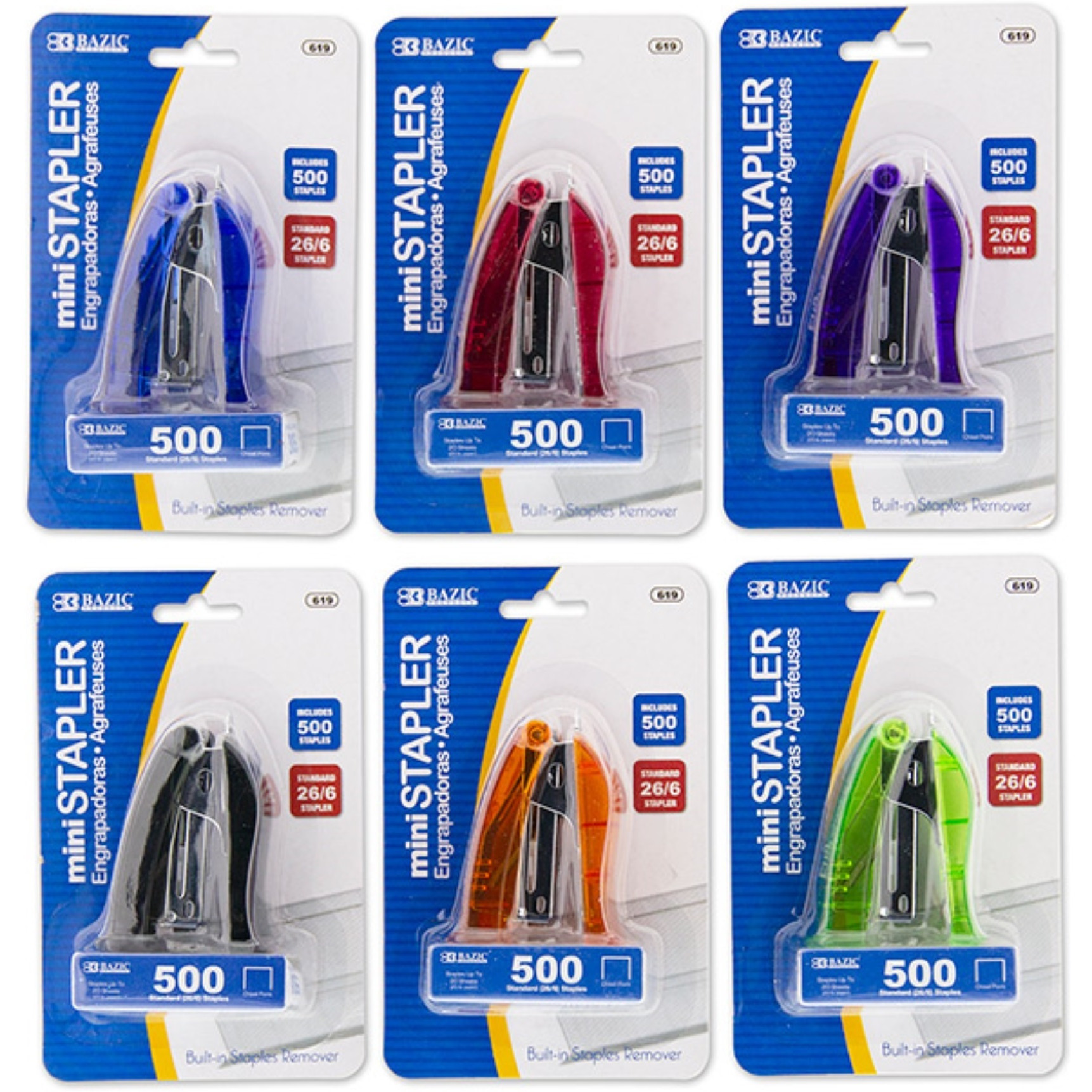 BAZIC Mini Stand-Up Standard (26/6) Stapler w/ 500 Ct. Staples / Box Qty - 24