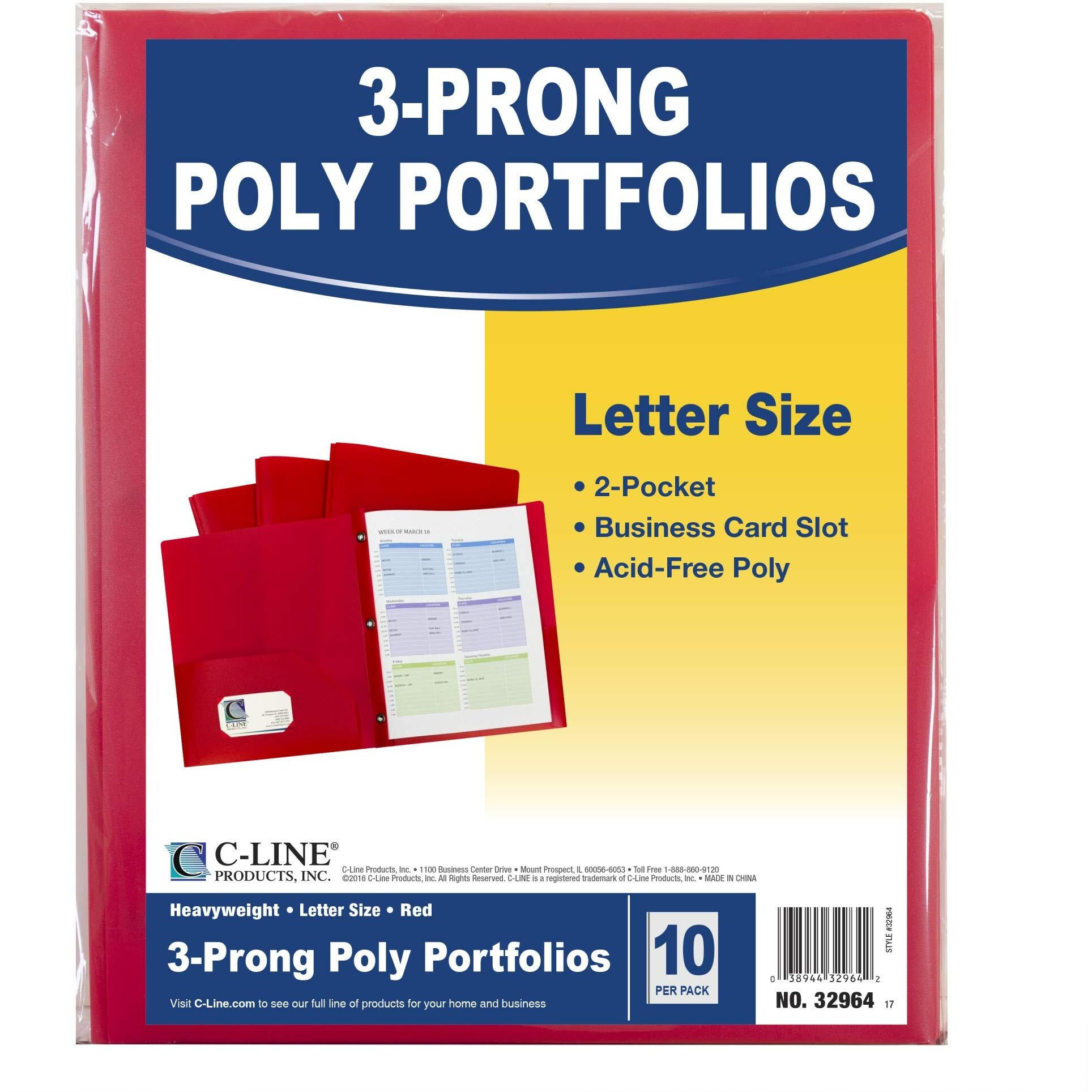 Two-Pocket Heavyweight Poly Portfolio Folder with Prongs, Red, 10/PK, 32964