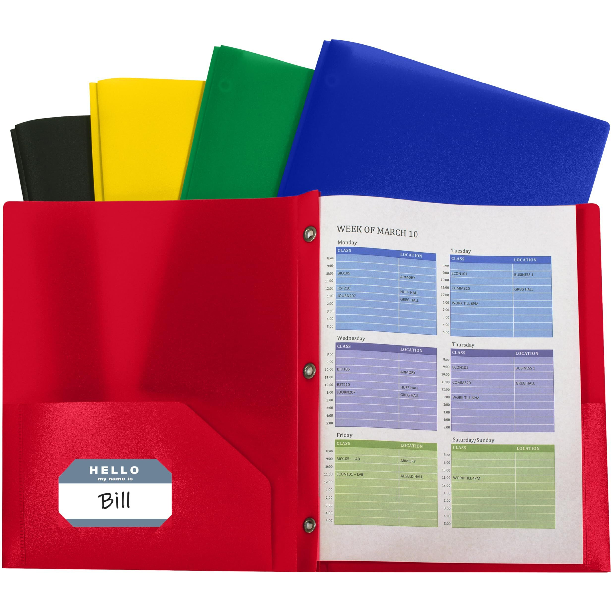 Two-Pocket Heavyweight Poly Portfolio Folder with Prongs, Assorted Primary Colors, 10/PK, 32960