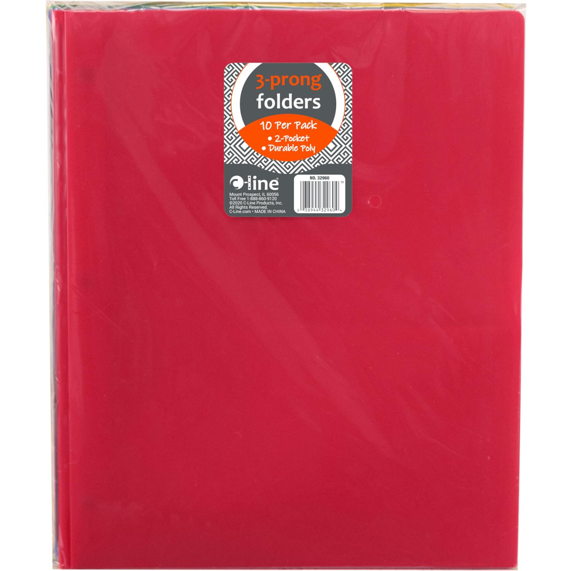 Two-Pocket Heavyweight Poly Portfolio Folder with Prongs, Assorted Primary Colors, 10/PK, 32960