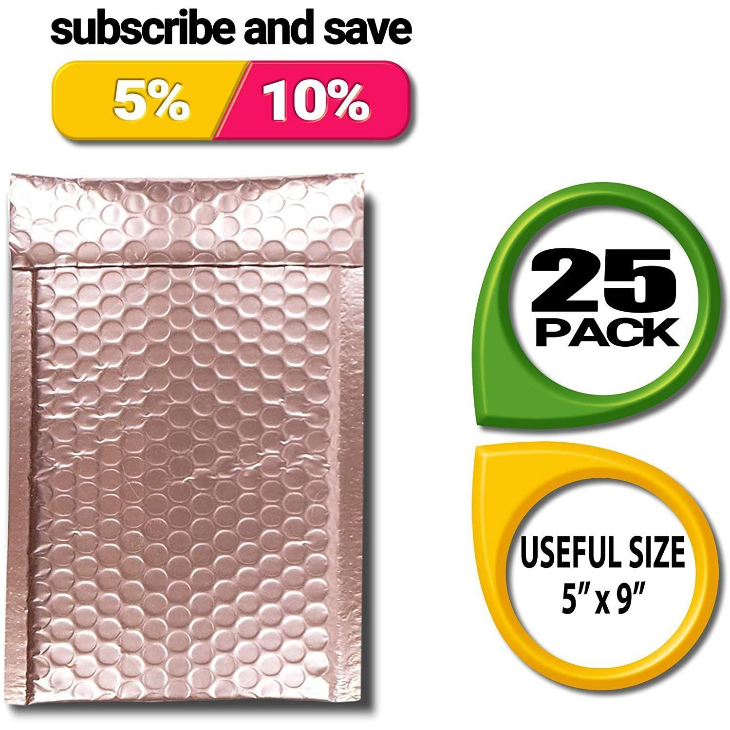 Metallic Rose gold Bubble Mailers 5 x 9 Poly Padded Envelopes Pack of 25 Self Adhesive Padded Shipping Envelopes Peel and Seal Mail Bubble Envelopes Water-Resistant Bubble Padded Mailers(D0102H9FE3V)