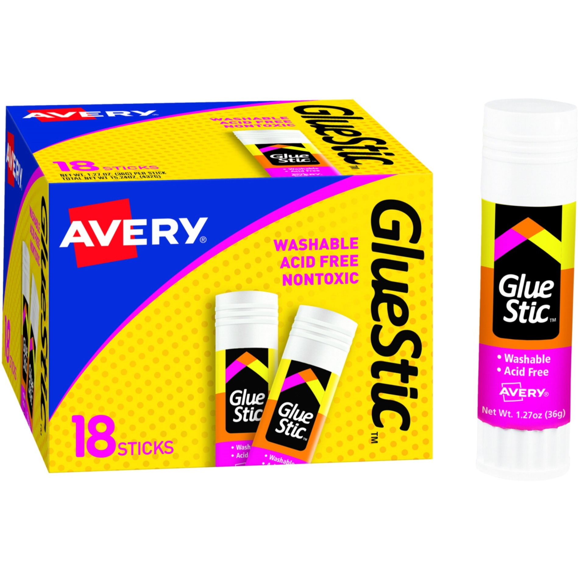Avery Permanent Glue Stic, 1.27 Ounces, Clear, Pack of 18