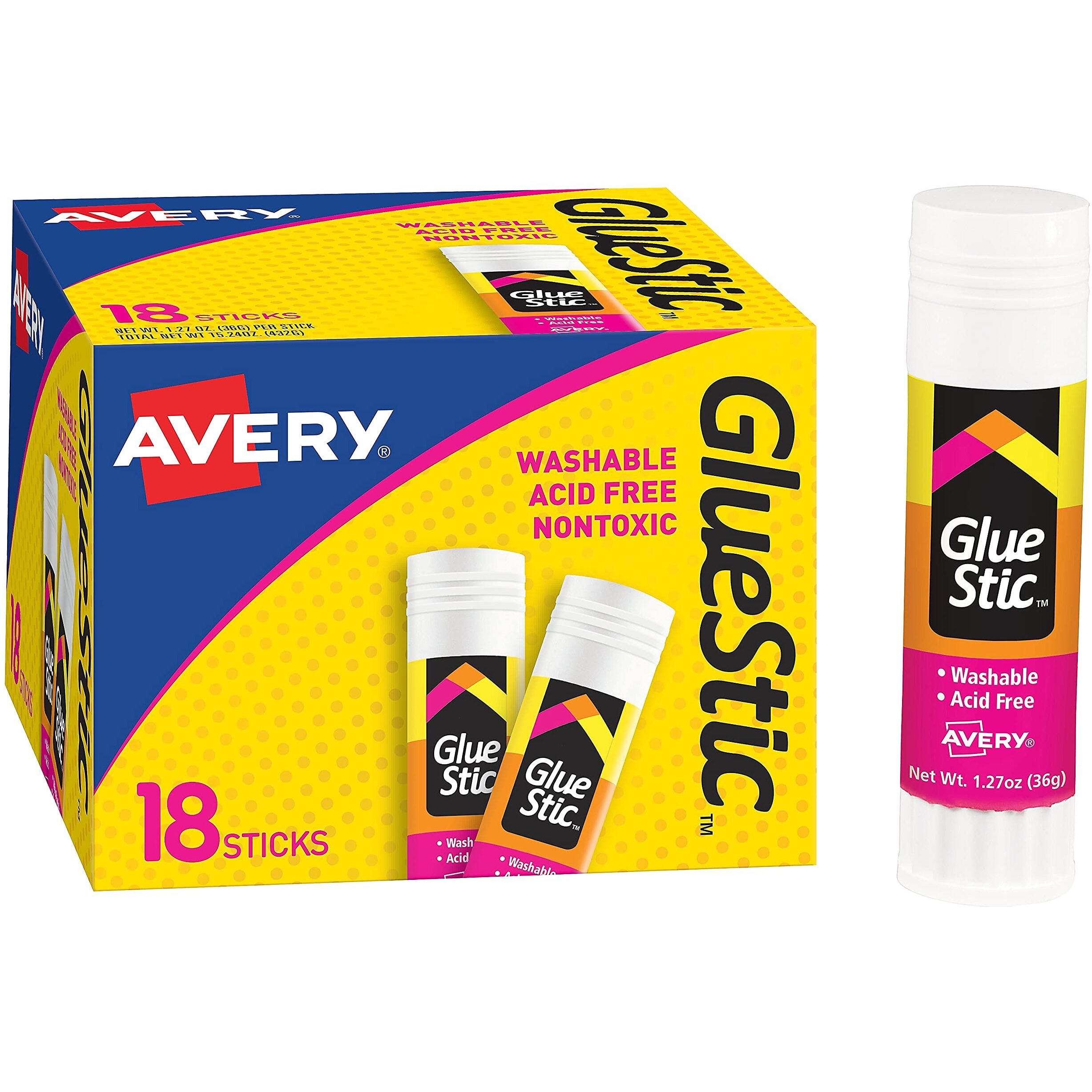 Avery Permanent Glue Stic, 1.27 Ounces, Clear, Pack of 18