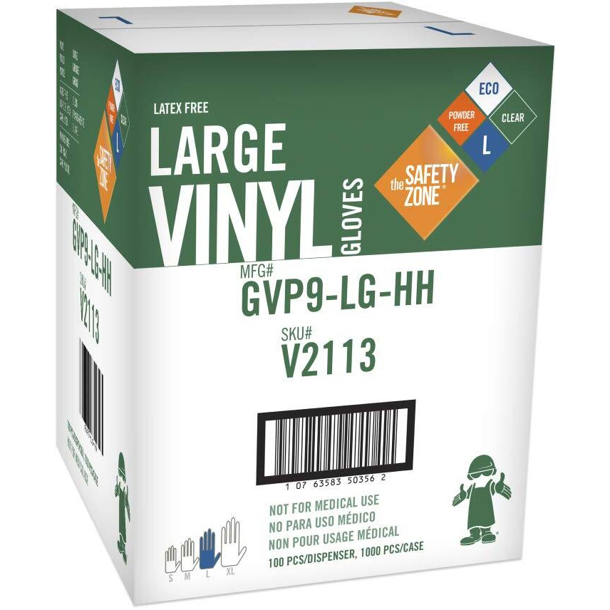Safety Zone Powder Free Clear Vinyl Gloves - Medium Size - Clear - Latex-free, DEHP-free, DINP-free, PFAS-free, DINP-free - For Food Preparation, Cleaning - 1000 / Carton - 9.25" Glove Length