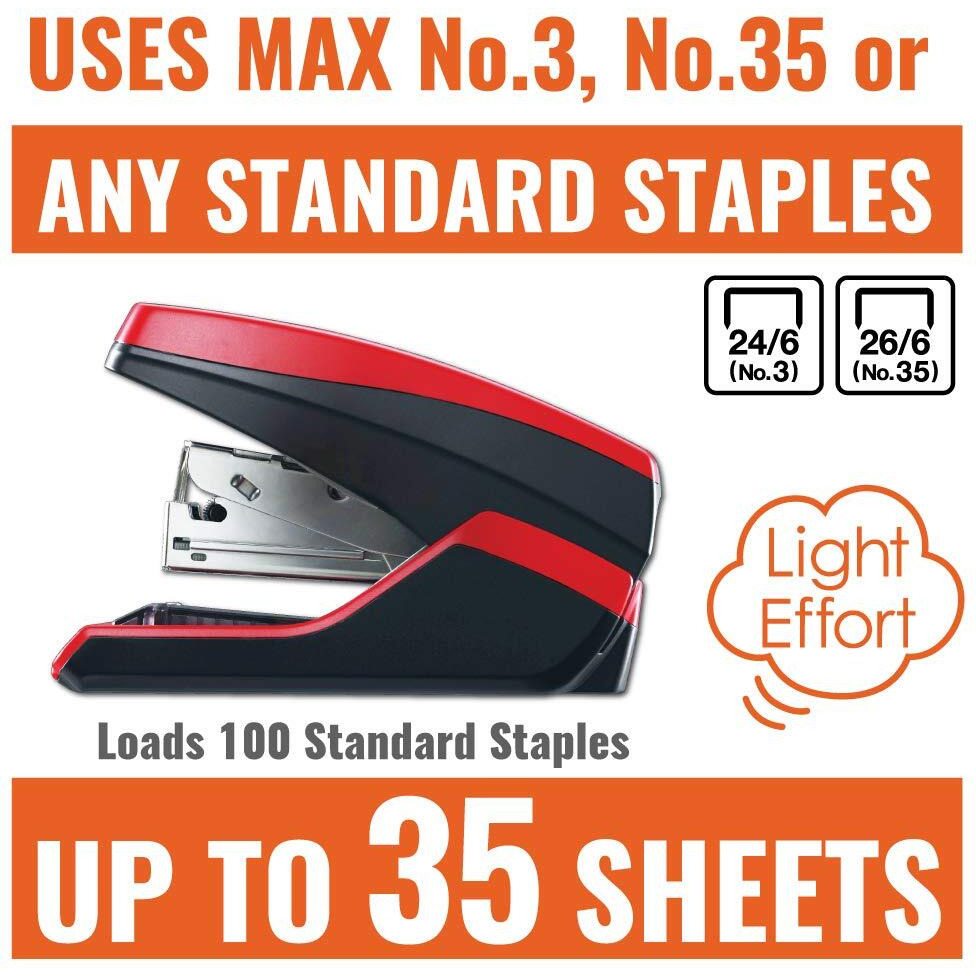 MAX HD-55FL Half-strip Stapler - 35 of 80g/m&178 Paper Sheets Capacity - 100 Staple Capacity - Half Strip - 24/6mm, 26/6mm Staple Size - Red, Black