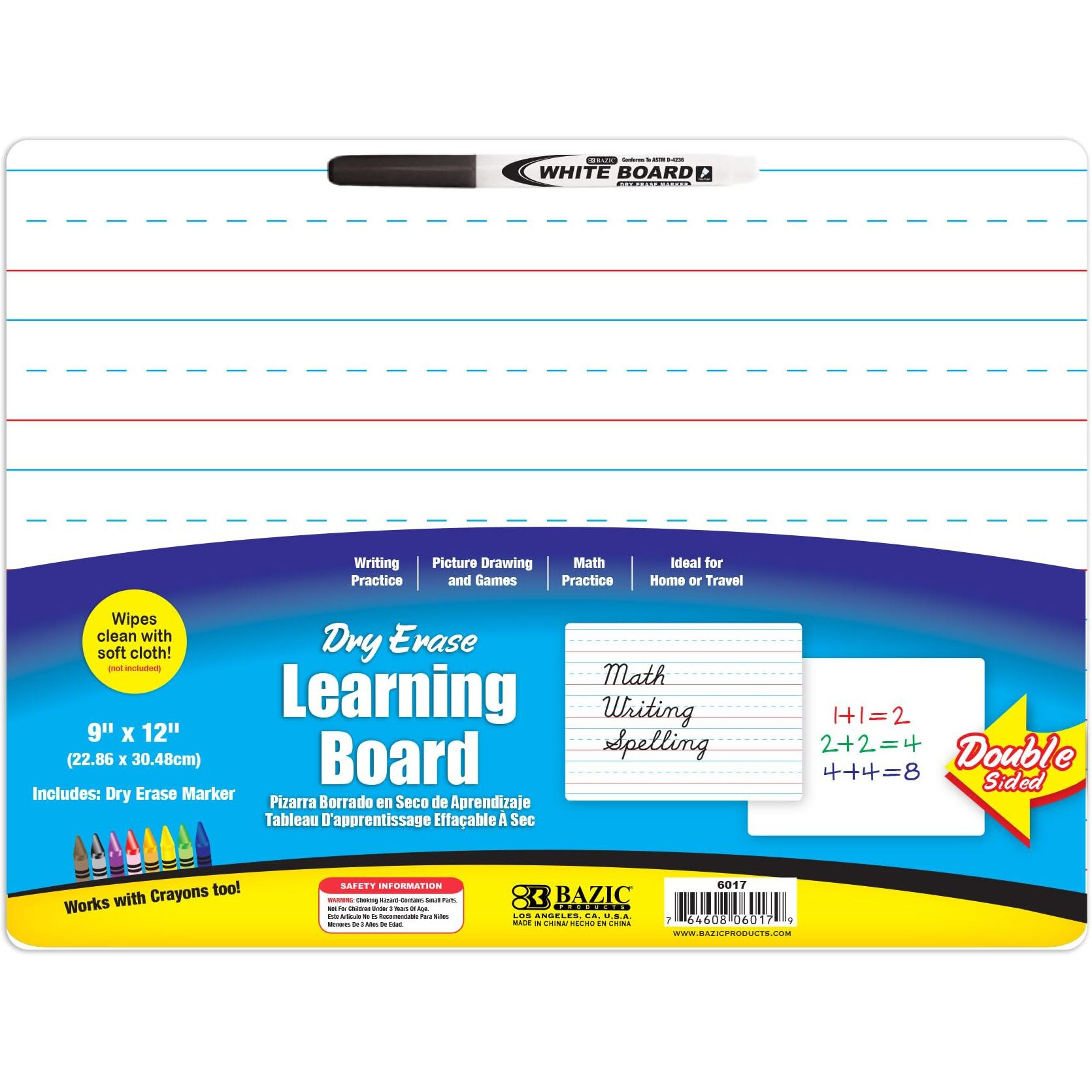 BAZIC 9" X 12" Double Sided Dry Erase Learning Board w/ Marker