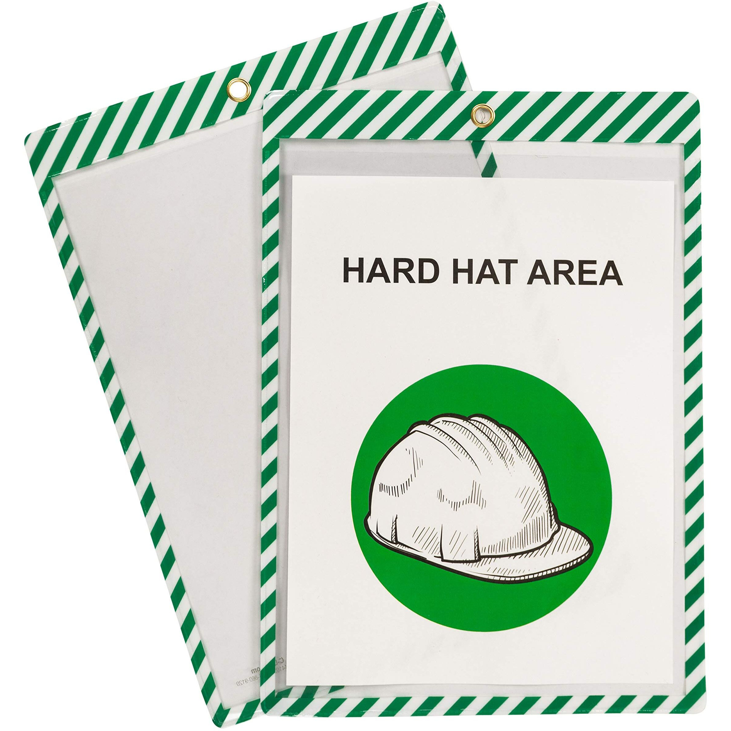 Safety Striped Shop Ticket Holders, Green/White Stripes, both sides clear, 9 x 12, 25/BX, 44103