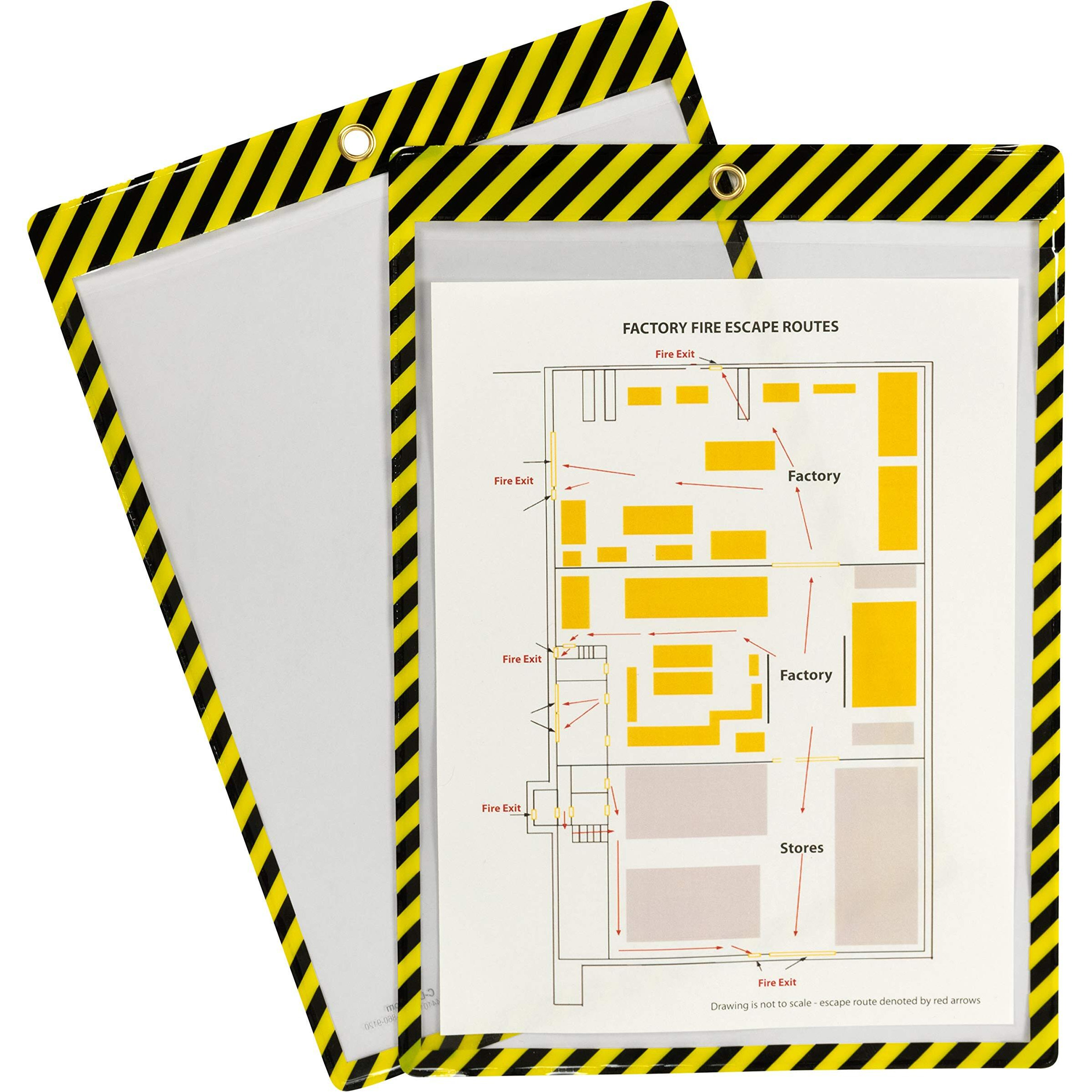 Safety Striped Shop Ticket Holders, Yellow/Black Stripes, both sides clear, 9 x 12, 25/BX, 44101