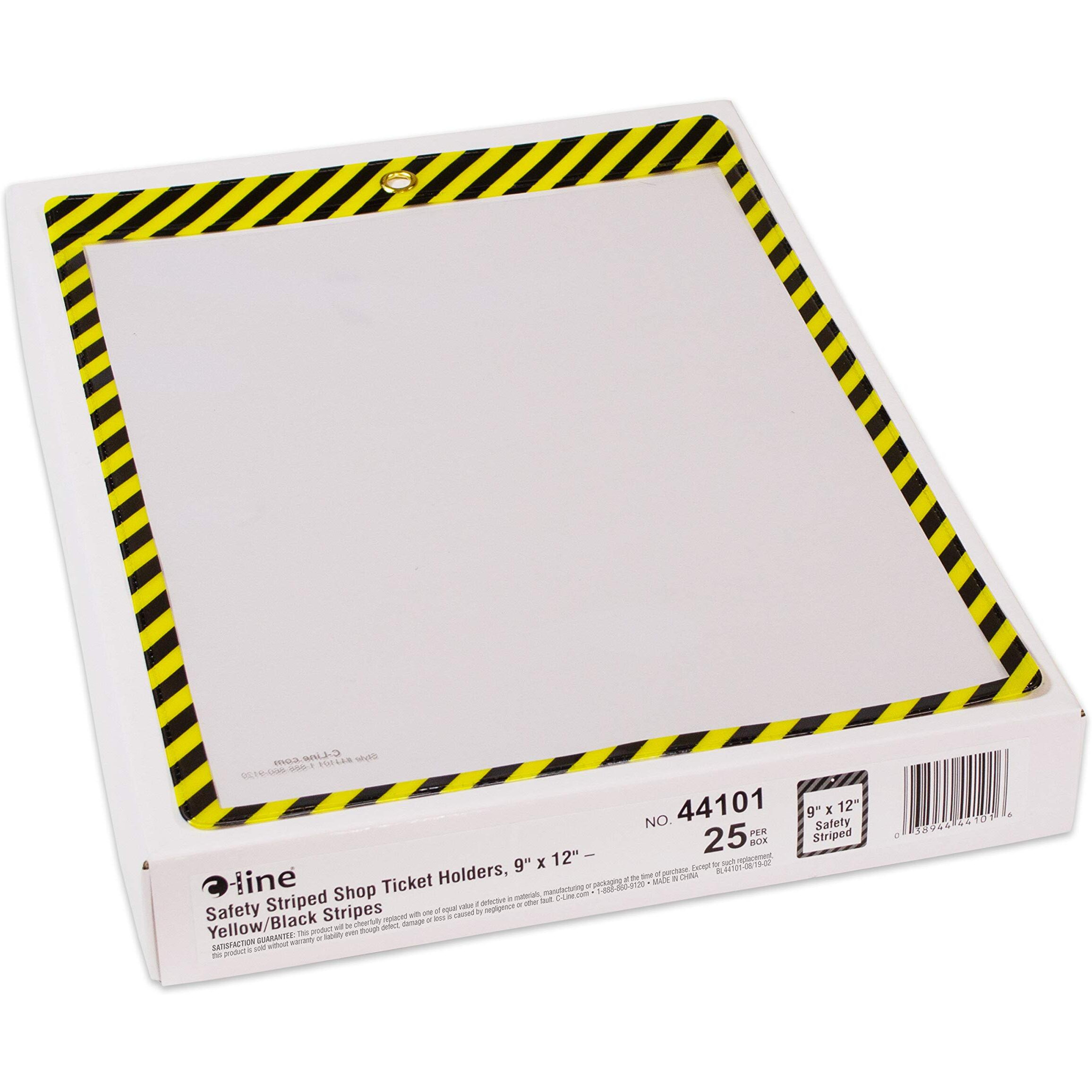 Safety Striped Shop Ticket Holders, Yellow/Black Stripes, both sides clear, 9 x 12, 25/BX, 44101