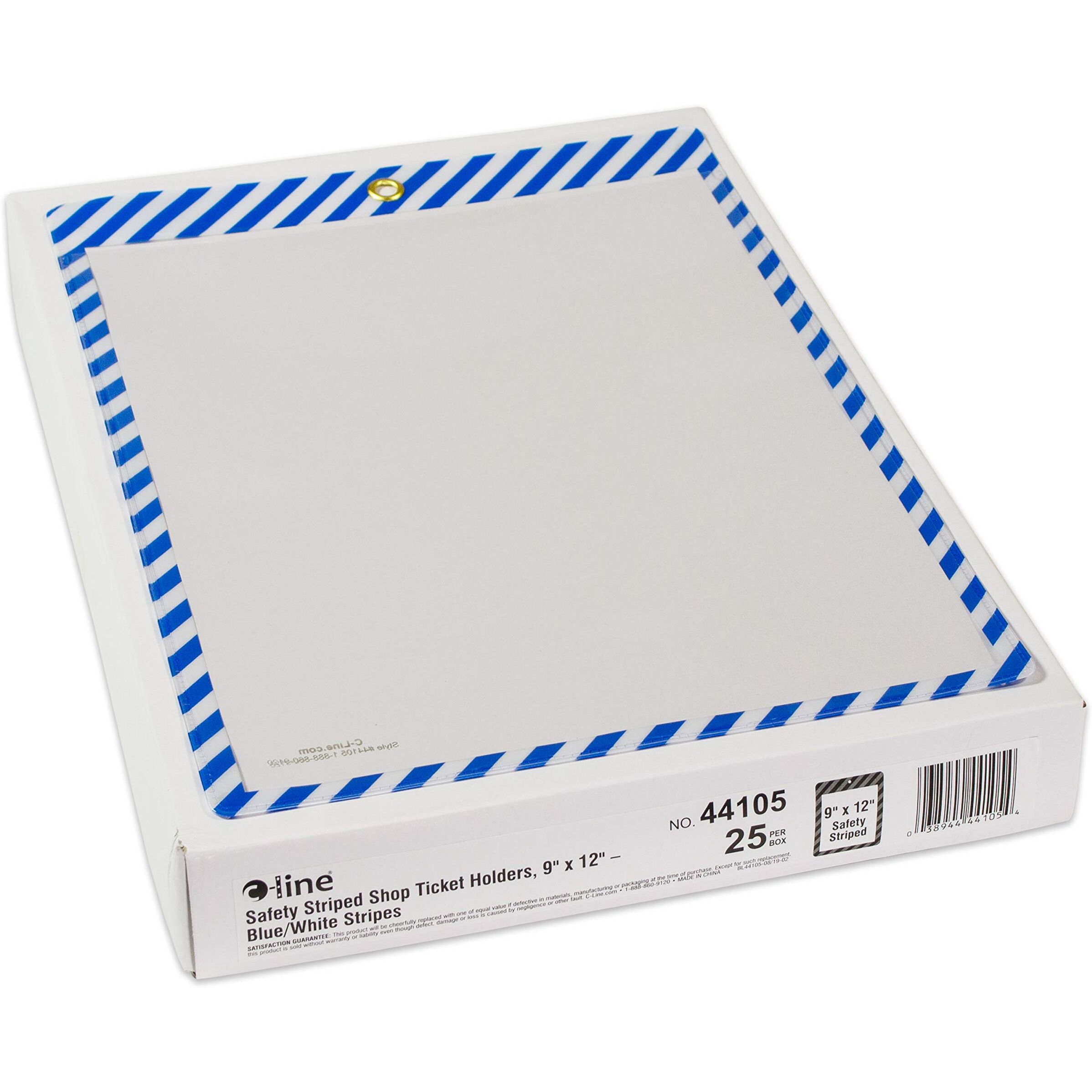 C-Line Safety Striped Shop Ticket Holders - 0.1" x 9.8" x 13.6" - Vinyl - 25 / Box - Blue, White