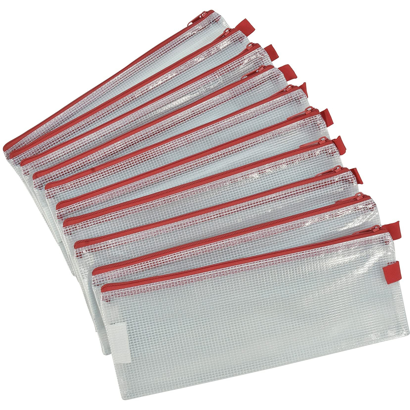Sax Mesh Zippered Bag, 5 x 13 Inches, Clear with Red Trim, Pack of 10