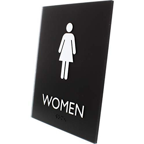 Lorell Restroom Sign - 1 Each - Women Print/Message - 6.4" Width x 8.5" Height - Rectangular Shape - Easy Readability, Braille - Plastic - Black