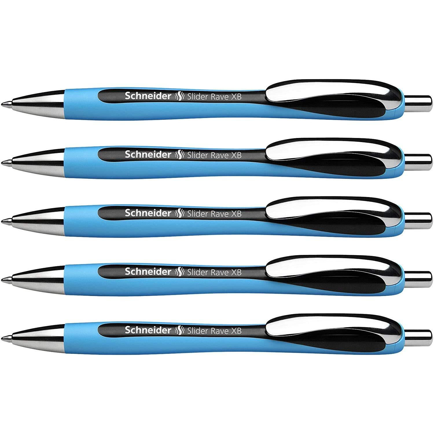 Schneider Slider Rave XB Ballpoint Pen - Extra Broad Pen Point - 1.4 mm Pen Point Size - Retractable - Black - Black Rubberized, Light Blue Barrel - Stainless Steel Tip - 5 / Pack