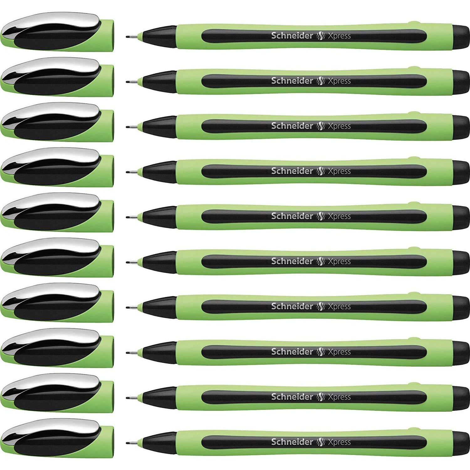 Schneider Xpress Fineliner Pen - Medium Pen Point - 0.8 mm Pen Point Size - Black - Black Rubberized, Green Barrel - Stainless Steel Tip - 10 / Pack