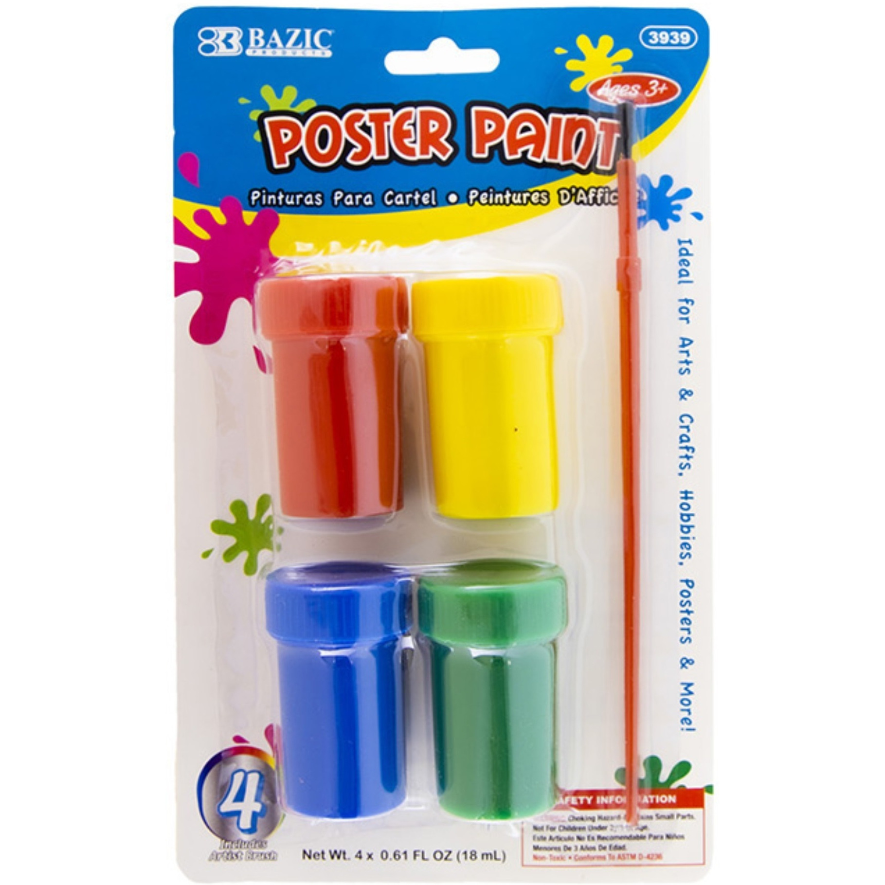 BAZIC 0.6 FL OZ (18 mL) 4 Color Poster Paint w/ Brush / Box Qty - 24