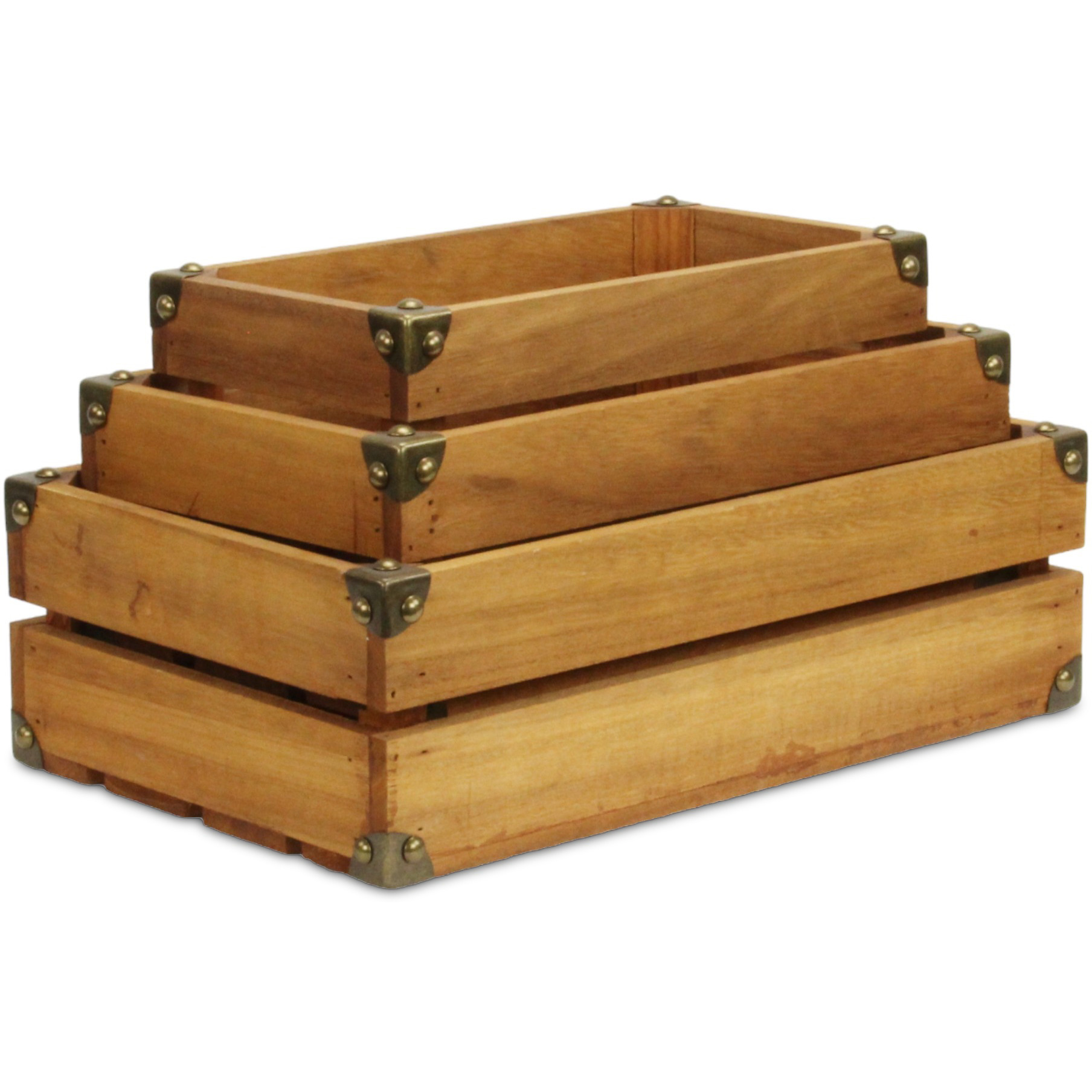 Rustic Farmstead Medium Brown Studded Rectangular Wood Crate Set