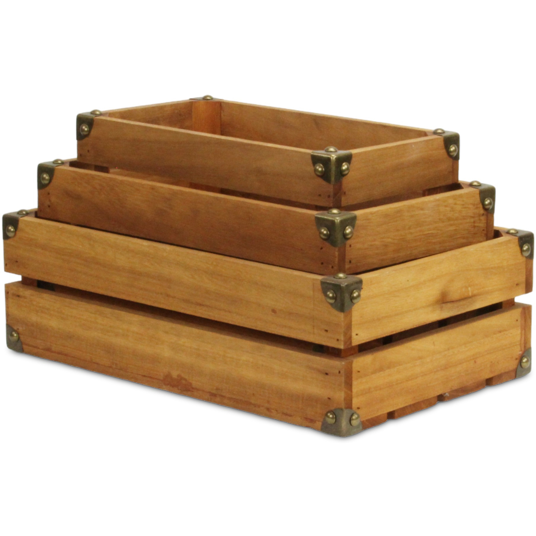 Rustic Farmstead Medium Brown Studded Rectangular Wood Crate Set