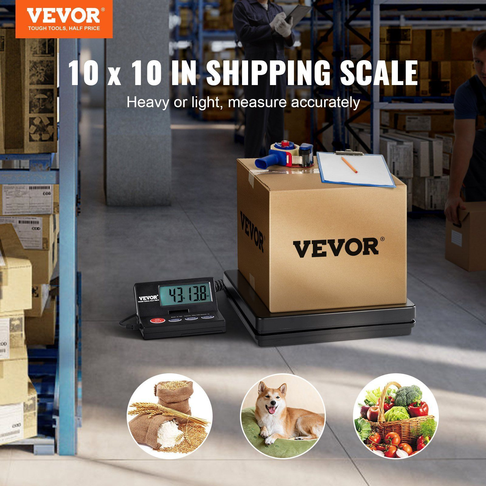 VEVOR Digital Shipping Scale, 110 lbs x 0.07 oz. Heavy Duty Postal Scale with Timer, Tare, Hold Function, 90 Foldable LCD Screen Package Scale for Laggage, Home, Post Office, AC/DC Powered, FCC Liste