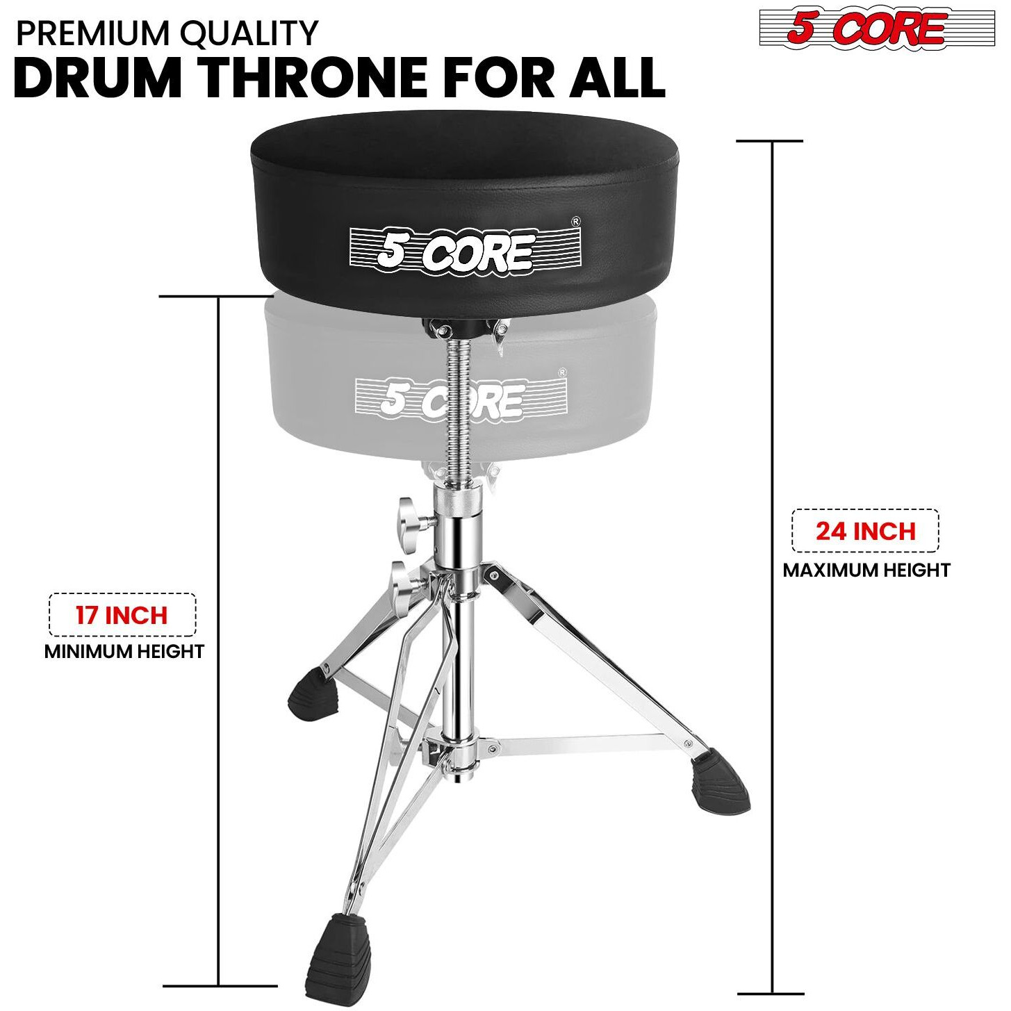 5 CORE Drum Throne Padded Guitar Stool Height Adjustable Heavy Duty Music Chair Seat Universal for Adults & Kids with Anti Slip Rubber Feet - DS CH BLK VEL HD